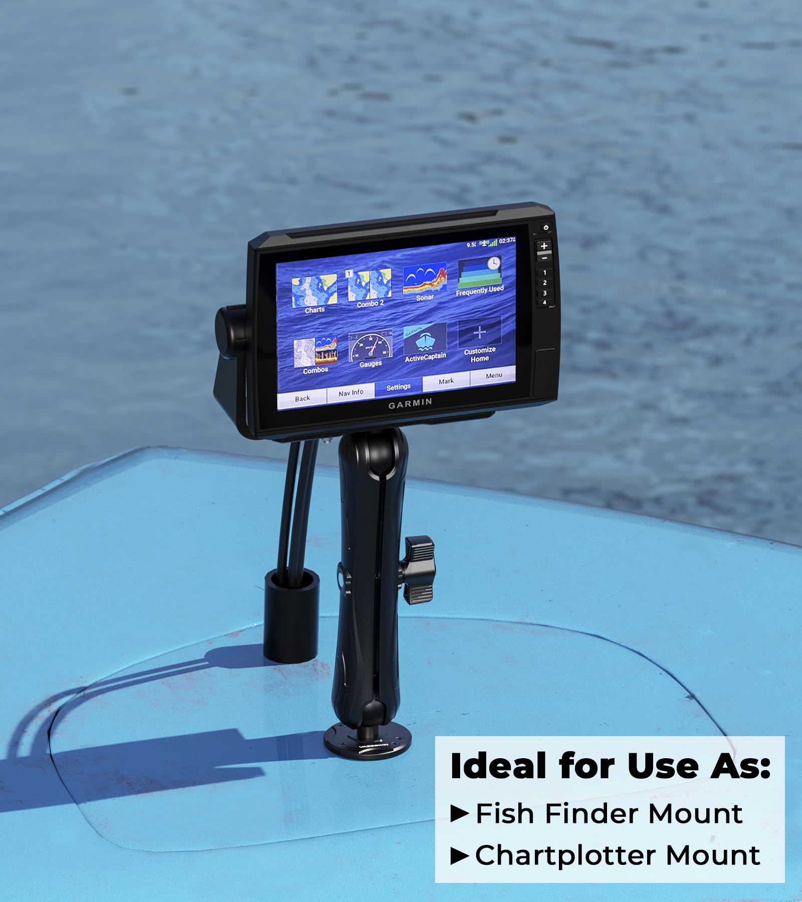 Vazeswin Aluminum Alloy Fish Finder Mount With C Size 1.5'' Ball Rectangle Plate & Round Base, 9.1'' Long Arm Marine Electronic