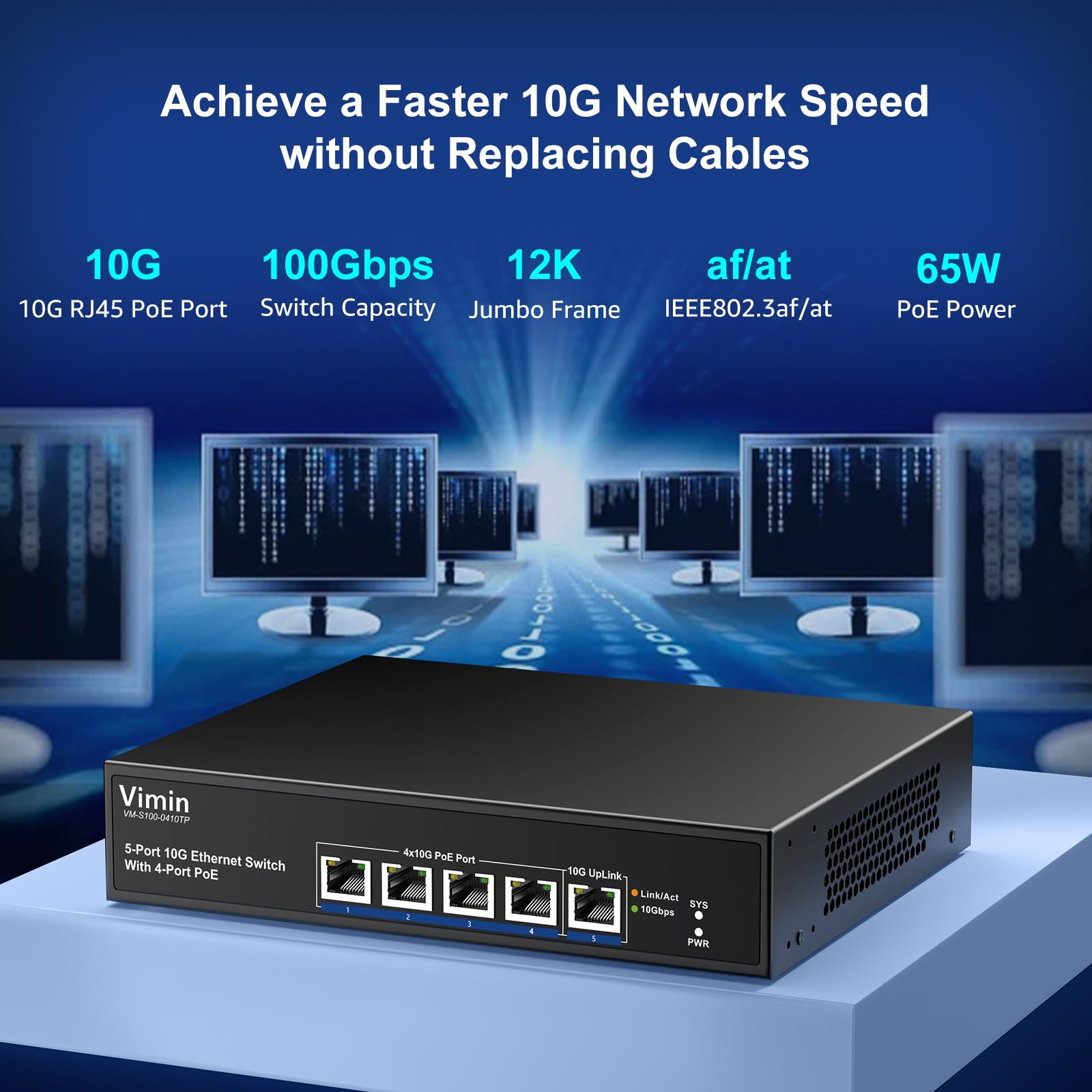 4 Port 10G Poe Switch Unmanaged With 10G Uplink Port, Vimin 4 Port 10Gbe Poe Network Switch, Auto Negotiation, For 10G Nas Netwo
