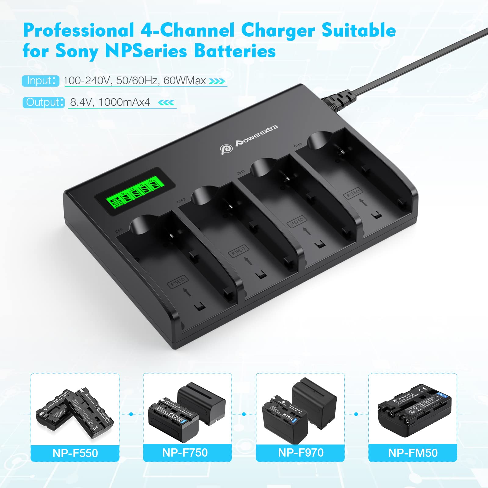 Powerextra 4 Channel Battery Charger With Lcd Display For Sony Np F970, Np F960, Np F950, Np F930, Np F770, Np F750, Np F570, Np