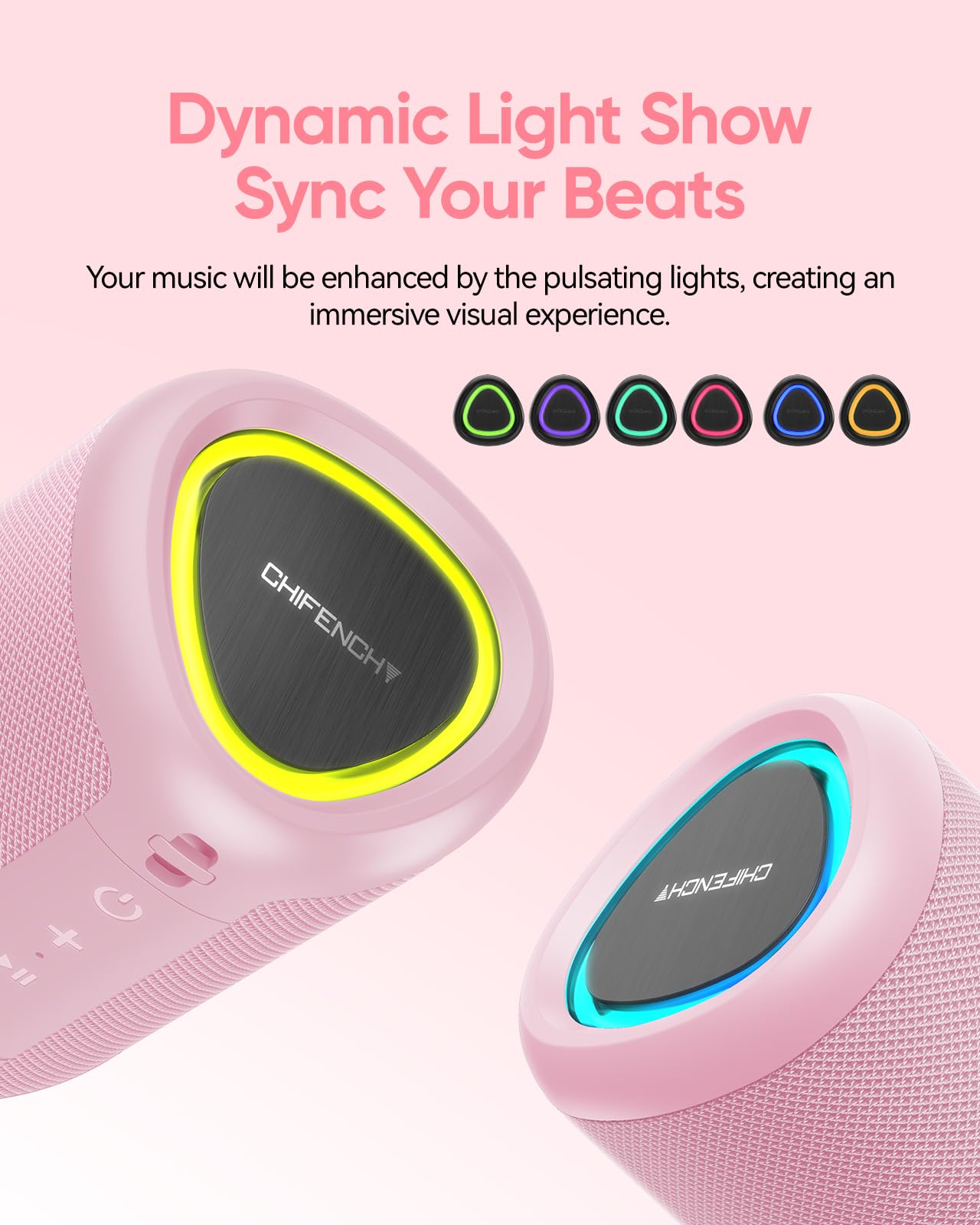 Chifenchy Portable Bluetooth Speaker With Lights,Powerful Crystal Clear Sound,Ipx5 Waterproof,All Day Playtime,Aux&Tf Card Input