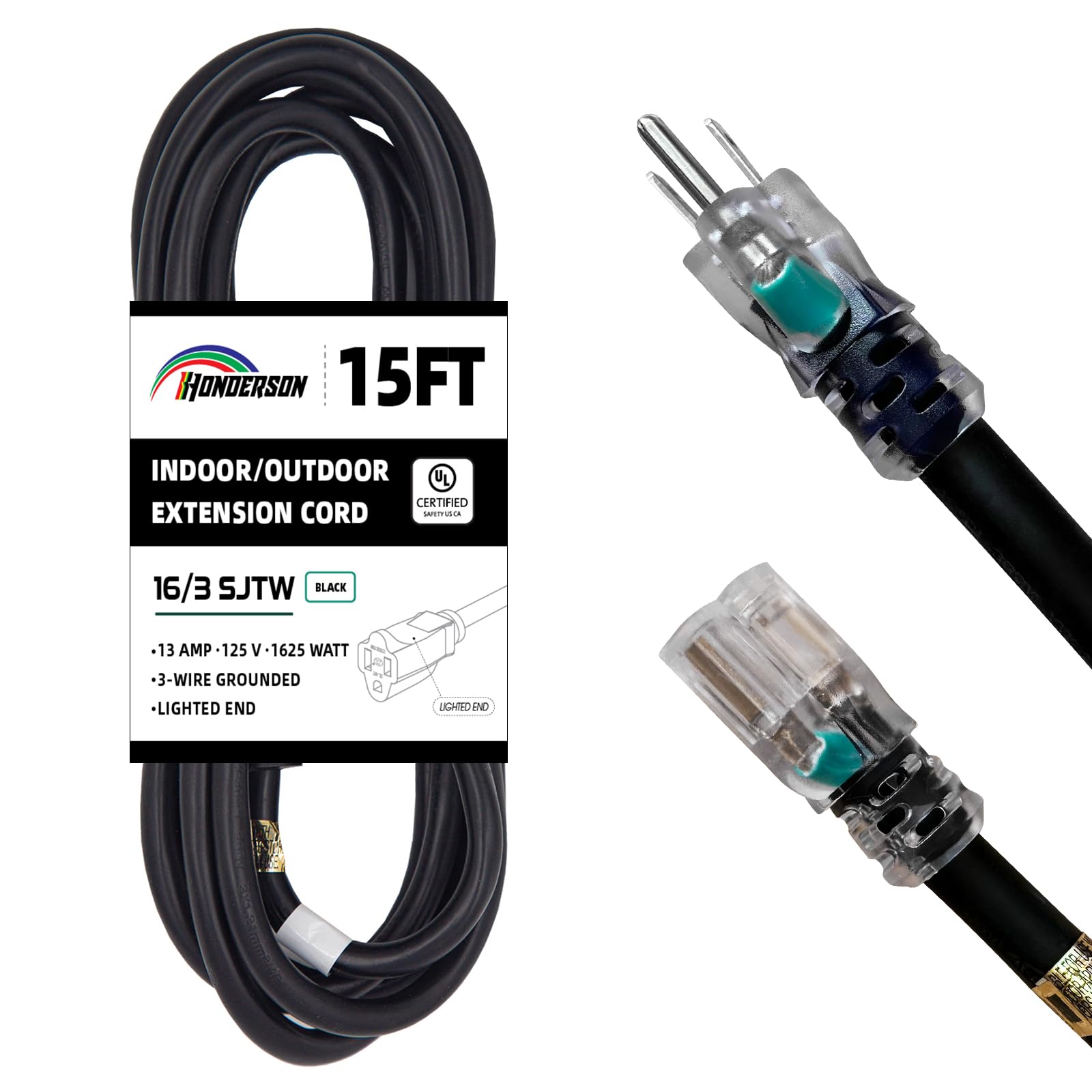 Honderson Indoor Outdoor Extension Cord Weatherproof With Lighted End, Ul Listed, 16 Gauge 15Ft Black 3 Prong Heavy Duty Extensi