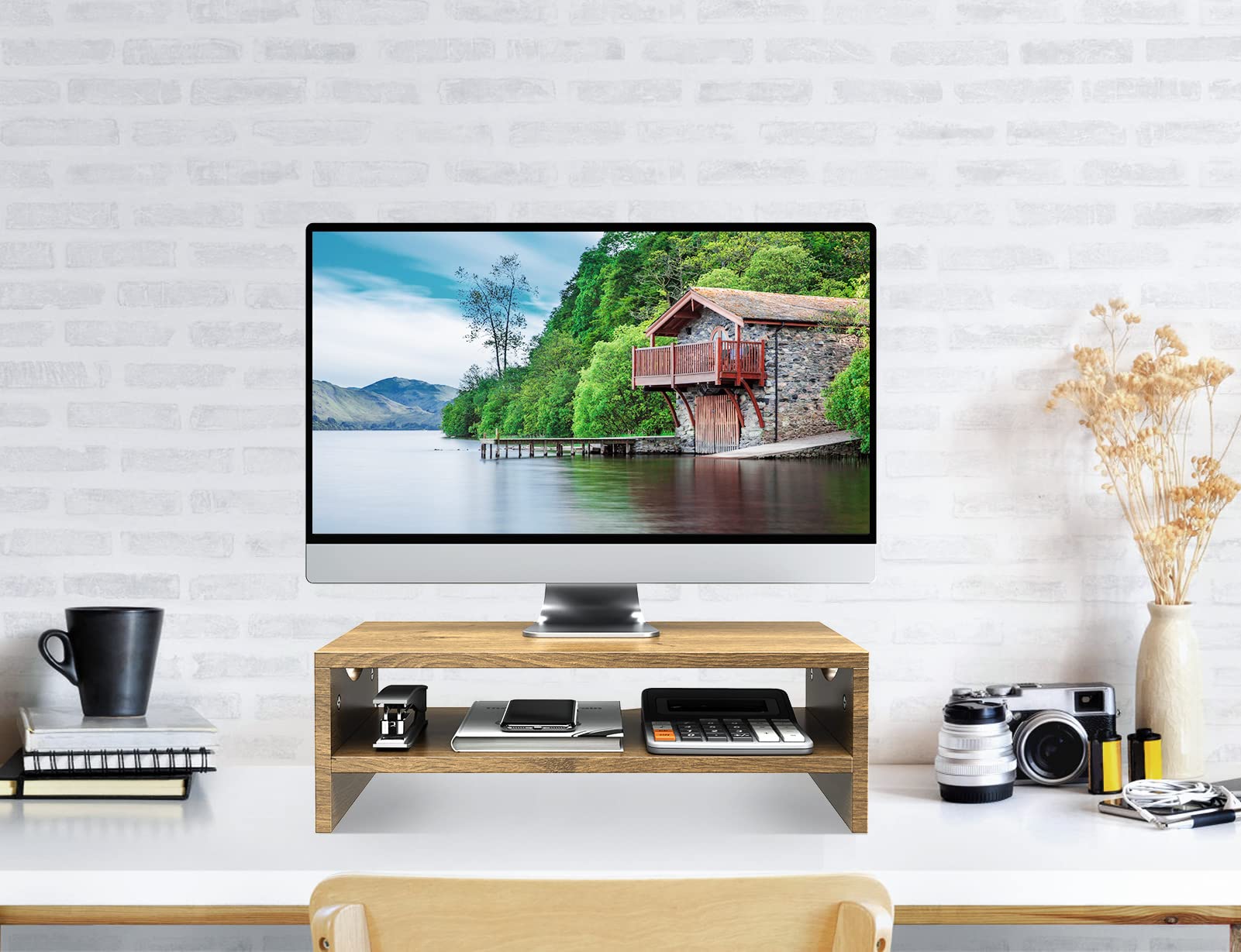 Zimilar Monitor Stand Riser, 2 Tiers Laptop Computer Monitor Riser For Pc Screen, Imac, Desktop Wooden Screen Monitor Stand Rise