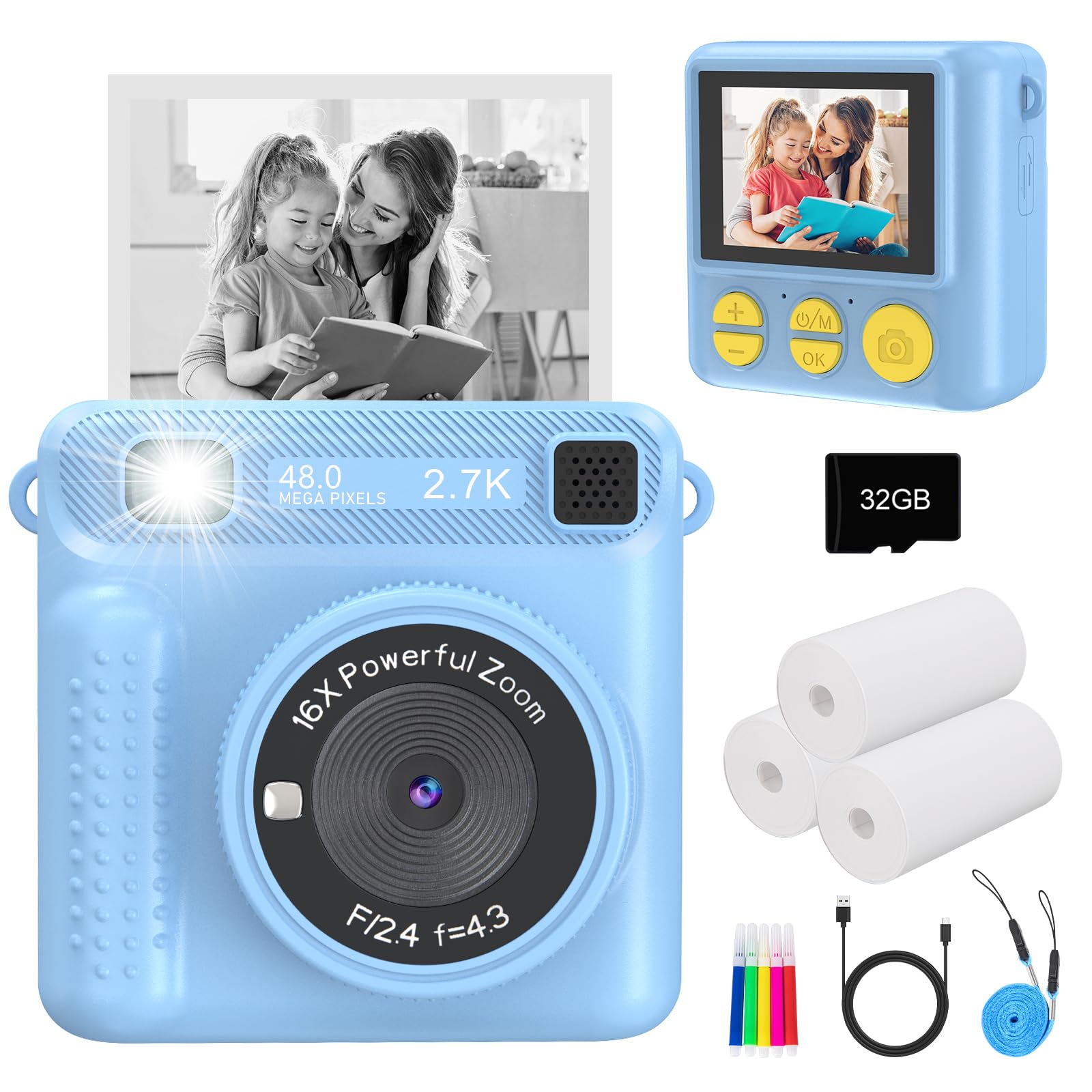 Instant Print Kids Camera   1080P Selfie Digital Camera, Portable Travel Toy For Boys & Girls Age 3 12, Christmas Birthday Gifts