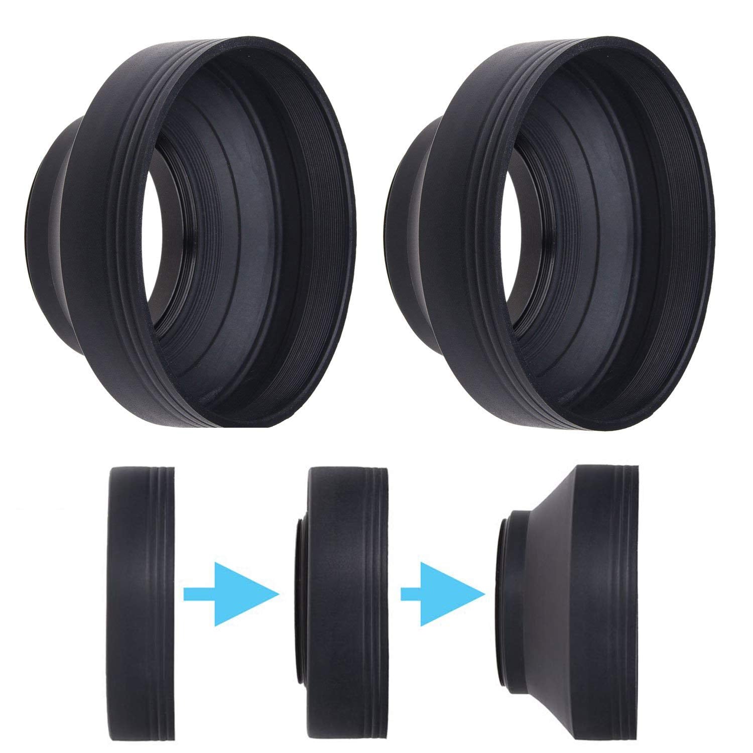 77mm Camera Lens Hood - Rubber - Set of 2 - Collapsible in 3 Steps - Sun Shade/Shield - Reduces Lens Flare and Glare - Blocks Ex