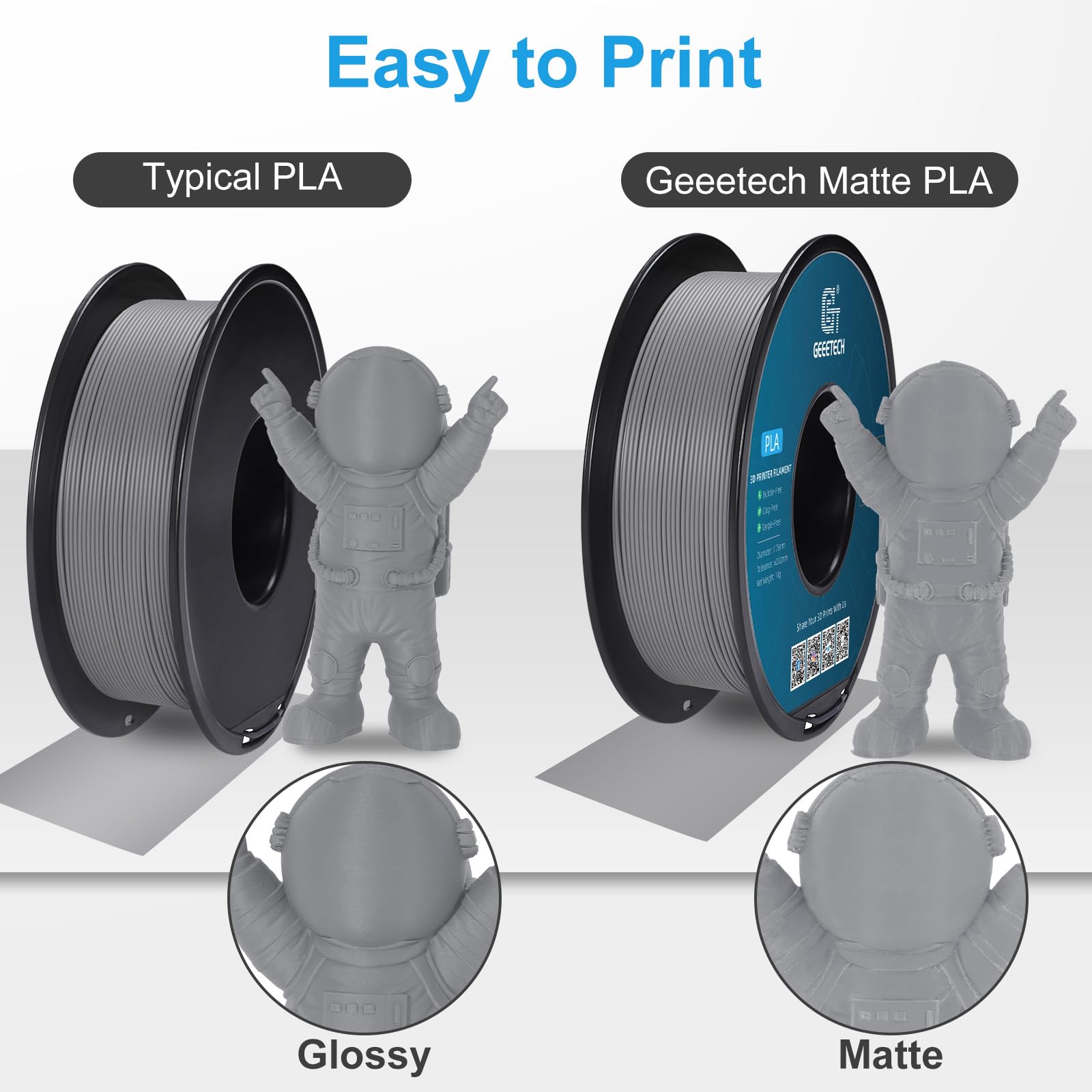 Geeetech Matte Pla Filament 1.75Mm, Grey 3D Printer Filament 1Kg Spool (2.2Lbs), +/- 0.02Mm Accuracy