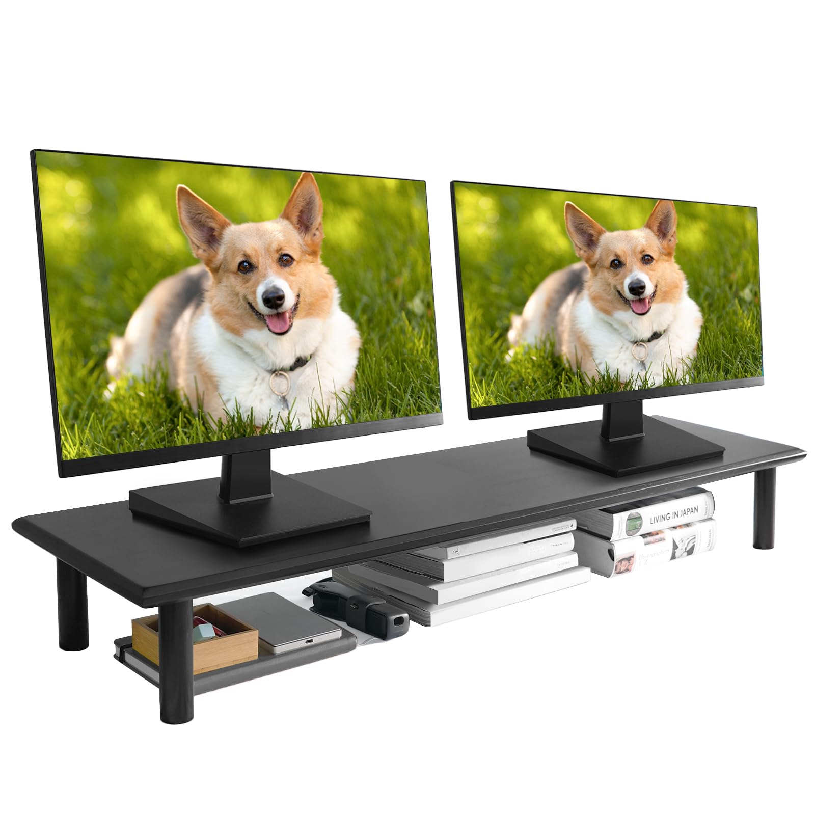 Rocdeer Bamboo Dual Monitor Stand Riser With 2 Heights Available, Black Desk Monitor Riser For 2 Monitors Supports For Monitor, 