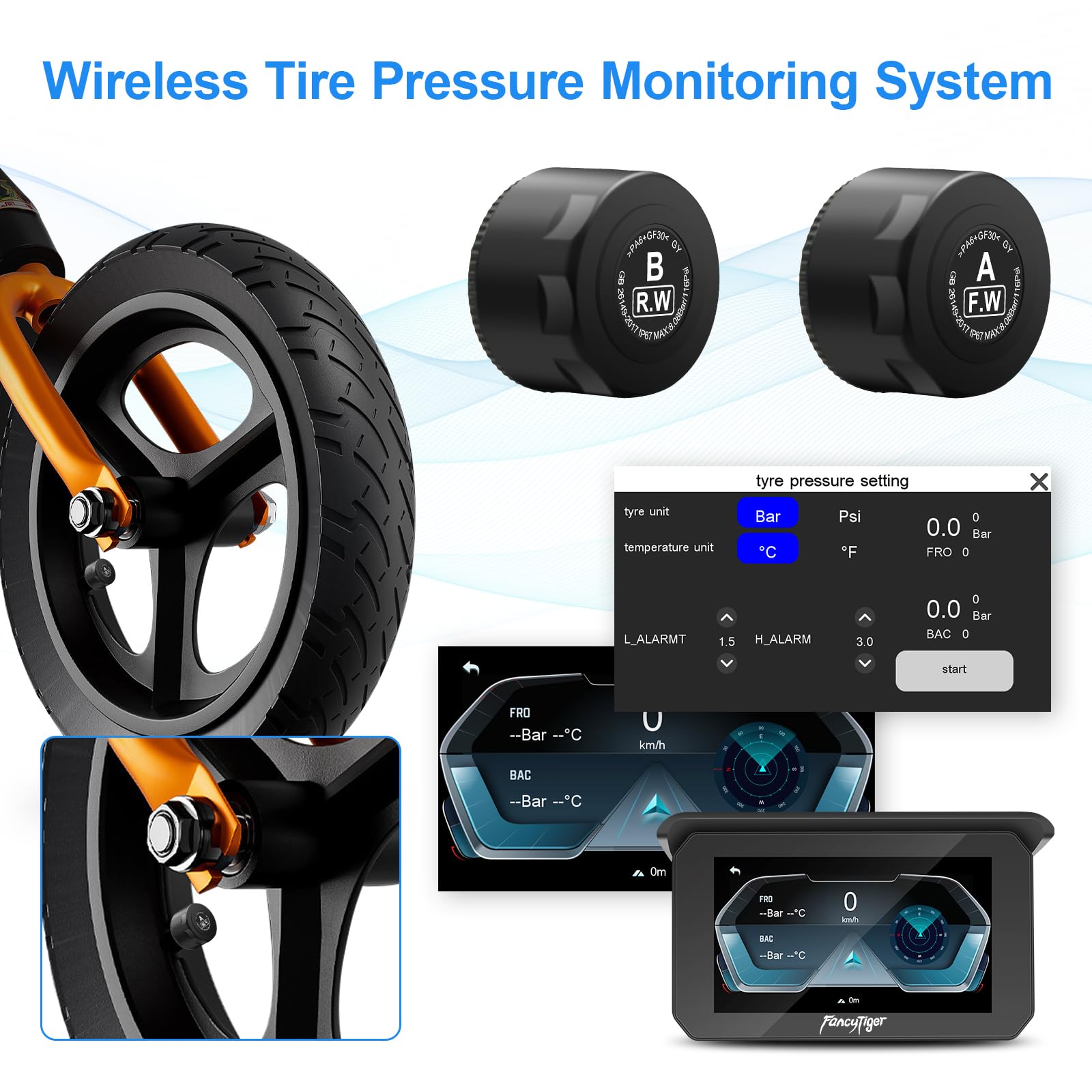 Fancytiger Portable Wireless Apple Carplay & Android Auto Screen For Motorcycle, Motorcycle Camera/Motorcycle Dash Cam, Tpms, 5