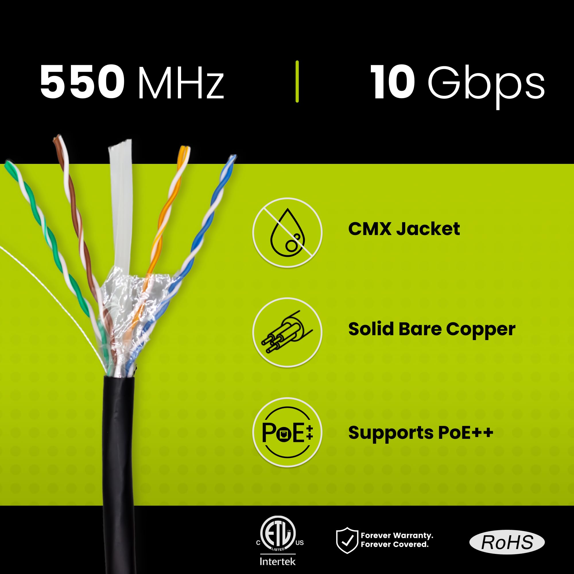 Truecable Cat6 Outdoor, Unshielded Utp, 500Ft, Uv Resistant, Cmx Rated, Black, 23Awg Solid Bare Copper, 550Mhz, Poe++ (4Ppoe), Etl Listed, Bulk Ethernet Cable