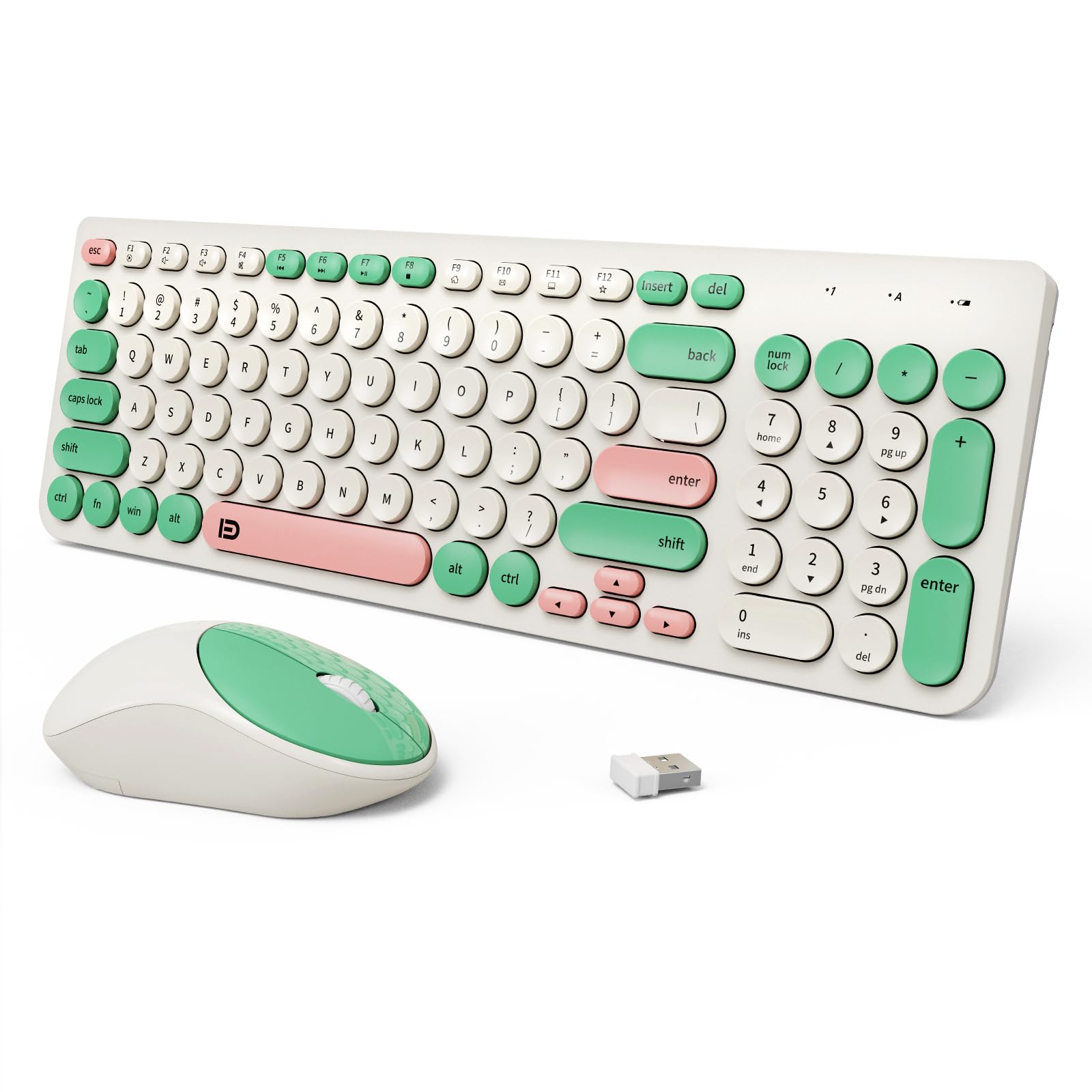 Tkvpjyyi Wireless Keyboard And Mouse Combo, 2.4Ghz Usb Cordless Round Keys Set For Laptop, Computer, Tv (White+Green)