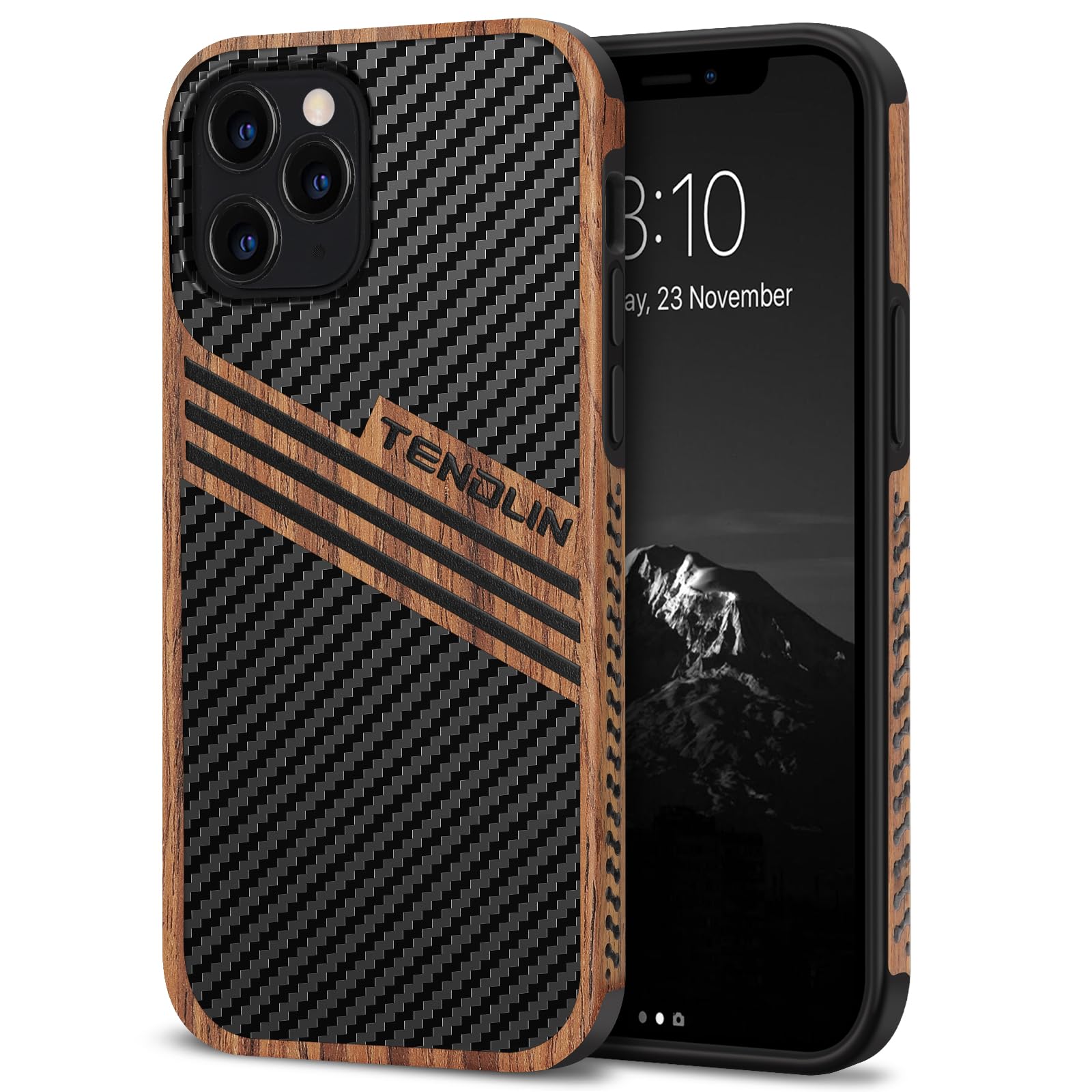 TENDLIN Compatible with iPhone 12 Pro/iPhone 12 Case Wood Grain with Carbon Fiber Texture Design Leather Hybrid Slim Case (Three