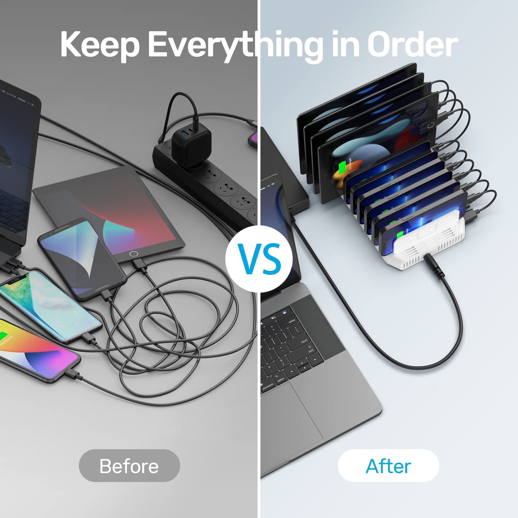 Unitek Multi Charging Station, 10 Port Usb Charger For Multiple Device With Smartic Tech And Adjustable Dividers, Organizer Stan