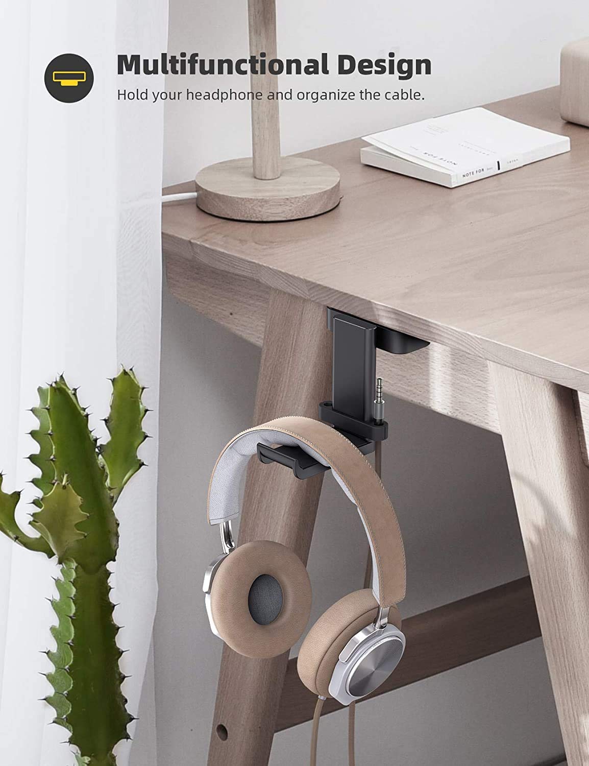 Lamicall Headphone Holder, Sticky Headset Stand   Under Desk Headphone Hanger, Rotable Adhesive Headset Hook Holder, Headset Mou