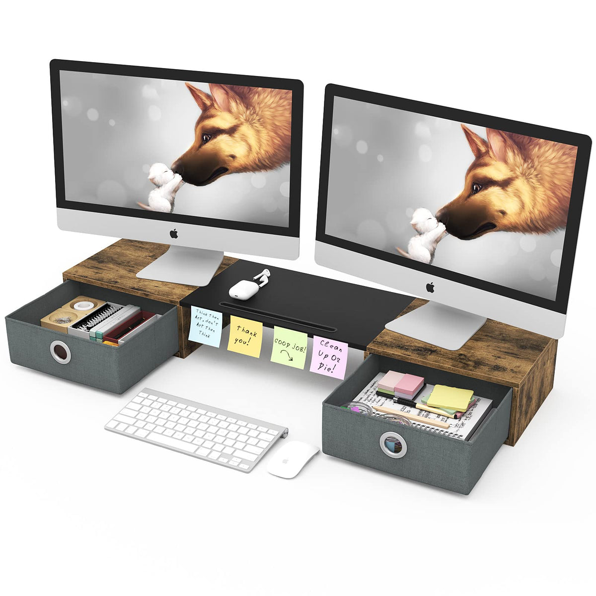 Westree Dual Monitor Stand Riser With Two Drawers, Extra Large Storage For 2 Monitors, Desktop Oraganizer Computer,Laptop,Screen