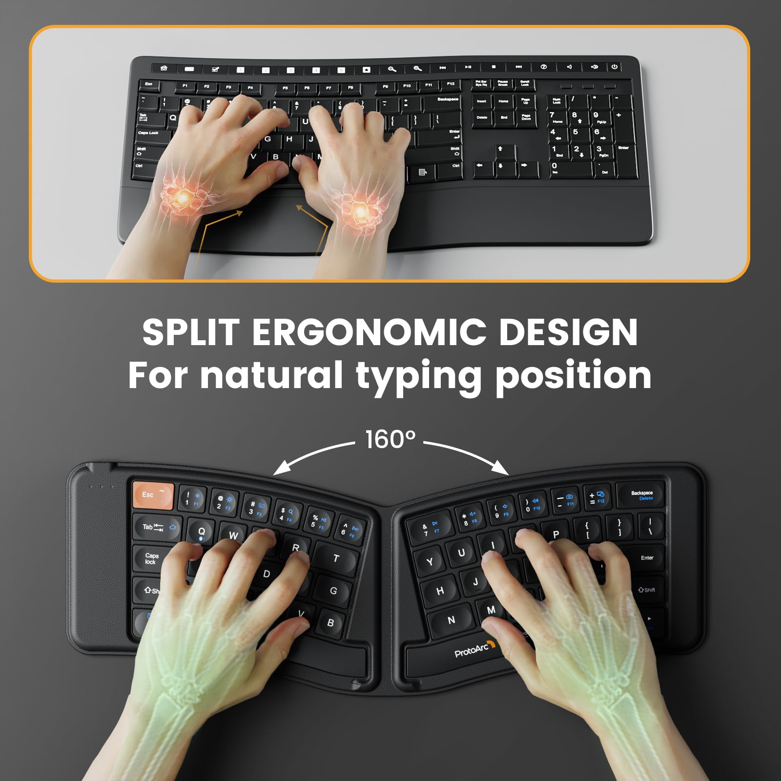 Protoarc Ergonomic Foldable Keyboard, Xk03 Split Folding Bluetooth Keyboard, Ultra Slim Travel Keyboard, Portable Bluetooth Keyb