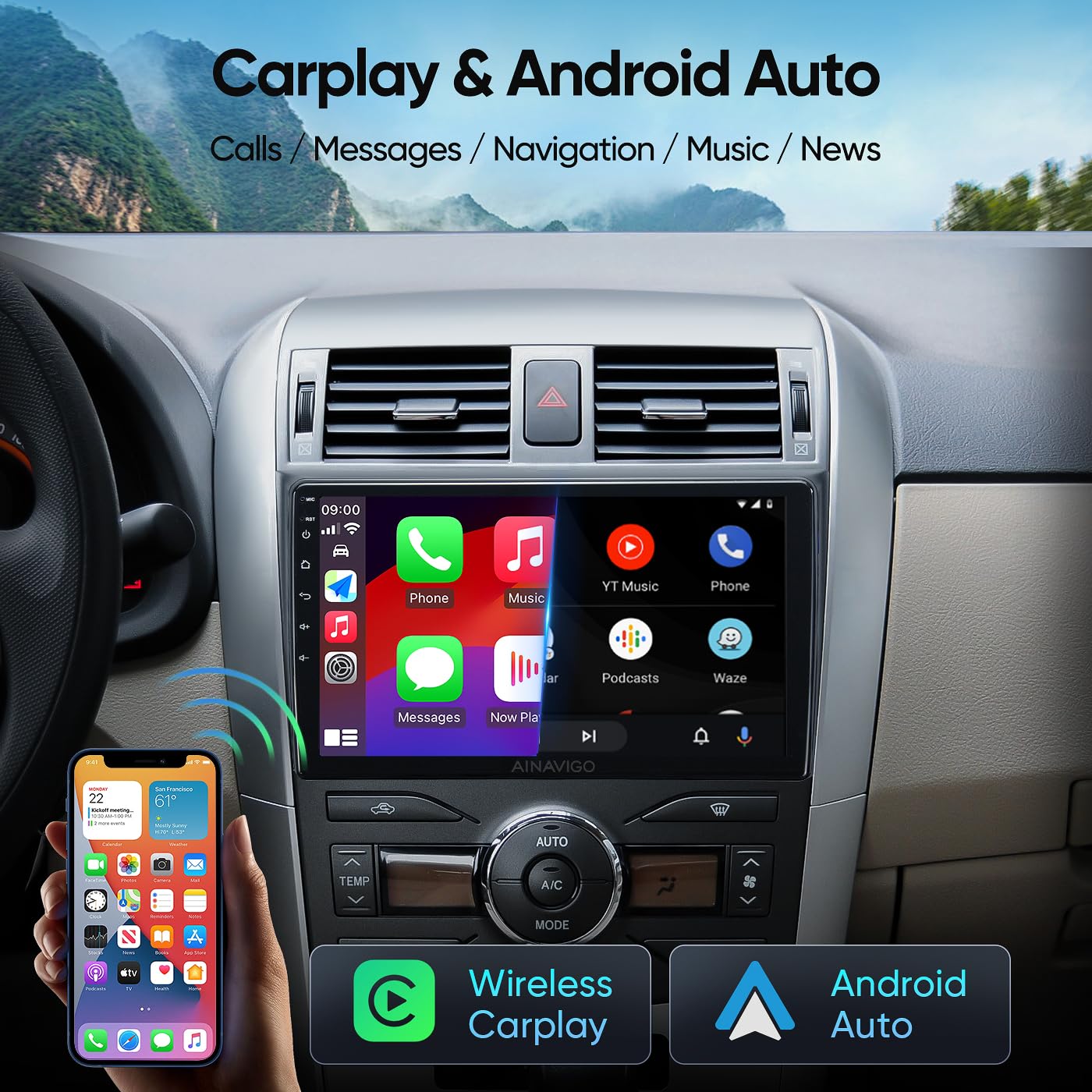 5G Wifi Android 12 Car Stereo For Toyota Corolla 2008 2009 2010 2011 2012, 9 Inch Ips Hd Touch Screen Car Radio Wireless Carplay