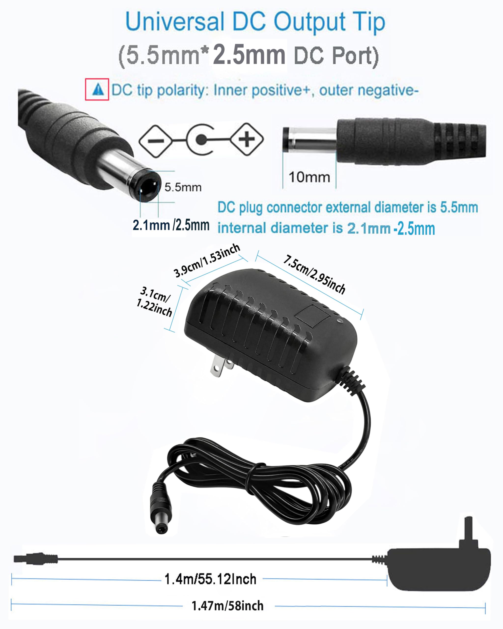 Mtytot 9V 2A Power Supply Adapter Ac 110V To Dc 9V 2A 1.5A 1A 750Ma 0.5A Ac Adapter Transformer 9V Wall Adapter 4.6Ft Cord With