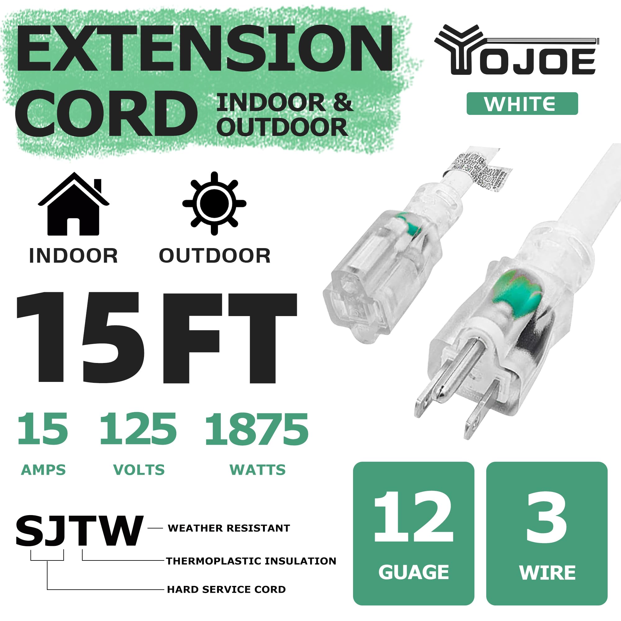 Yojoe Indoor Outdoor Extension Cord With Lighted End, 3 Prong 15A Weatherproof Power Extension Cord, 12 Gauge Heavy Duty 15 Ft W