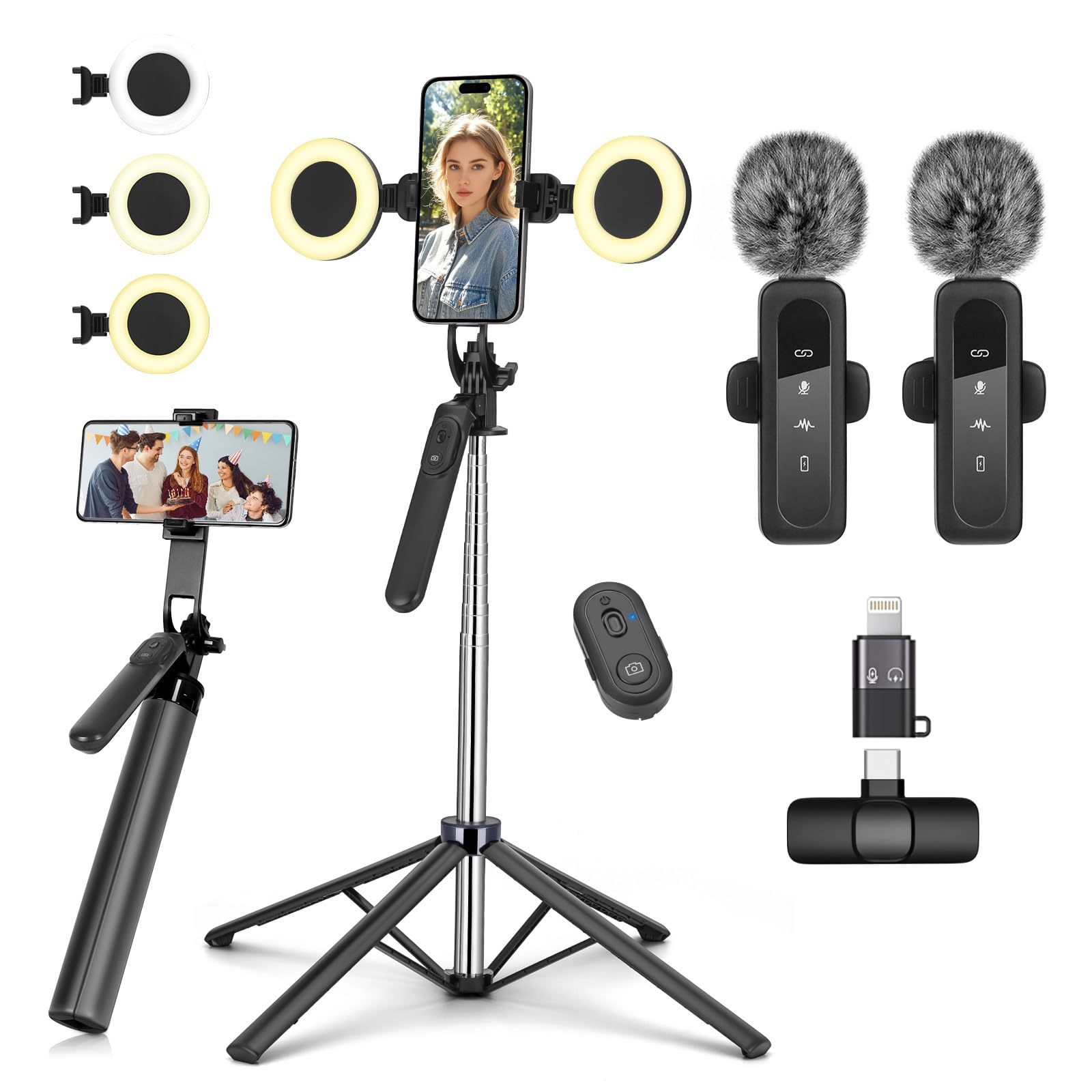 Vlogging Kit for iPhone/Android, Metal Selfie Stick Tripod for iPhone with Light and Microphone,70 inch Tall Adjustable Phone Tr