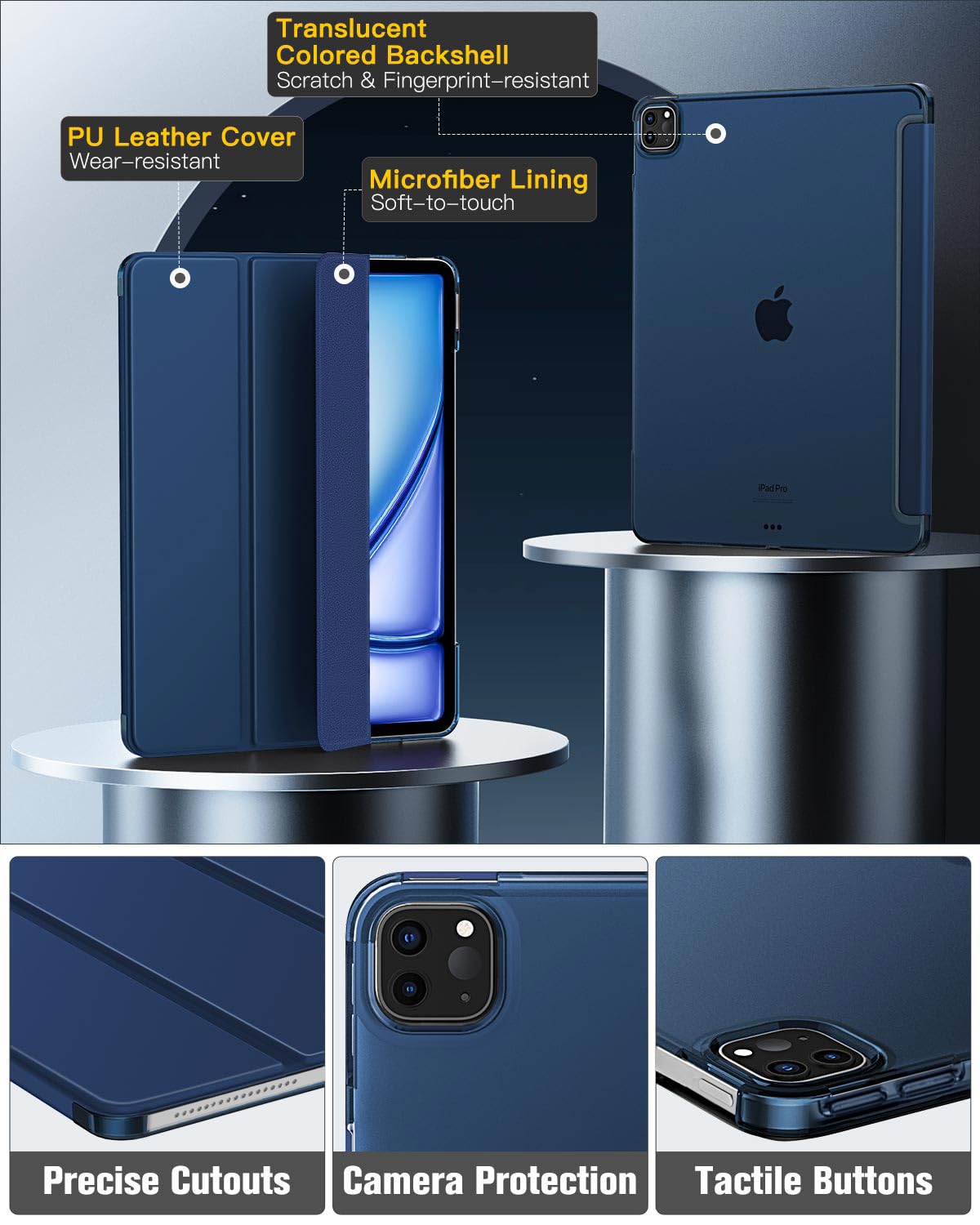 MoKo for iPad Air 13 Inch M2 Case 2024/ iPad Pro 12.9 Case (6th/5th Gen 2022/2021), Slim Smart Shell Translucent Frosted Hard PC Back Cover, Support Touch ID & Pencil Pro/2nd/USB C, Navy Blue