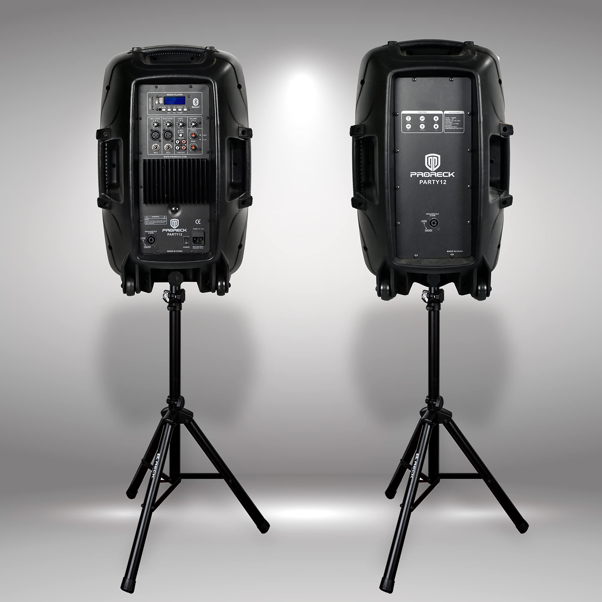 Proreck Party 12 12 Inch 1000 Watts 2 Way Powered Pa Speaker System Combo Set With Bluetooth/Usb Drive Read Function/Sd Card Reader/Fm Radio/Remote Control/Speaker Stand