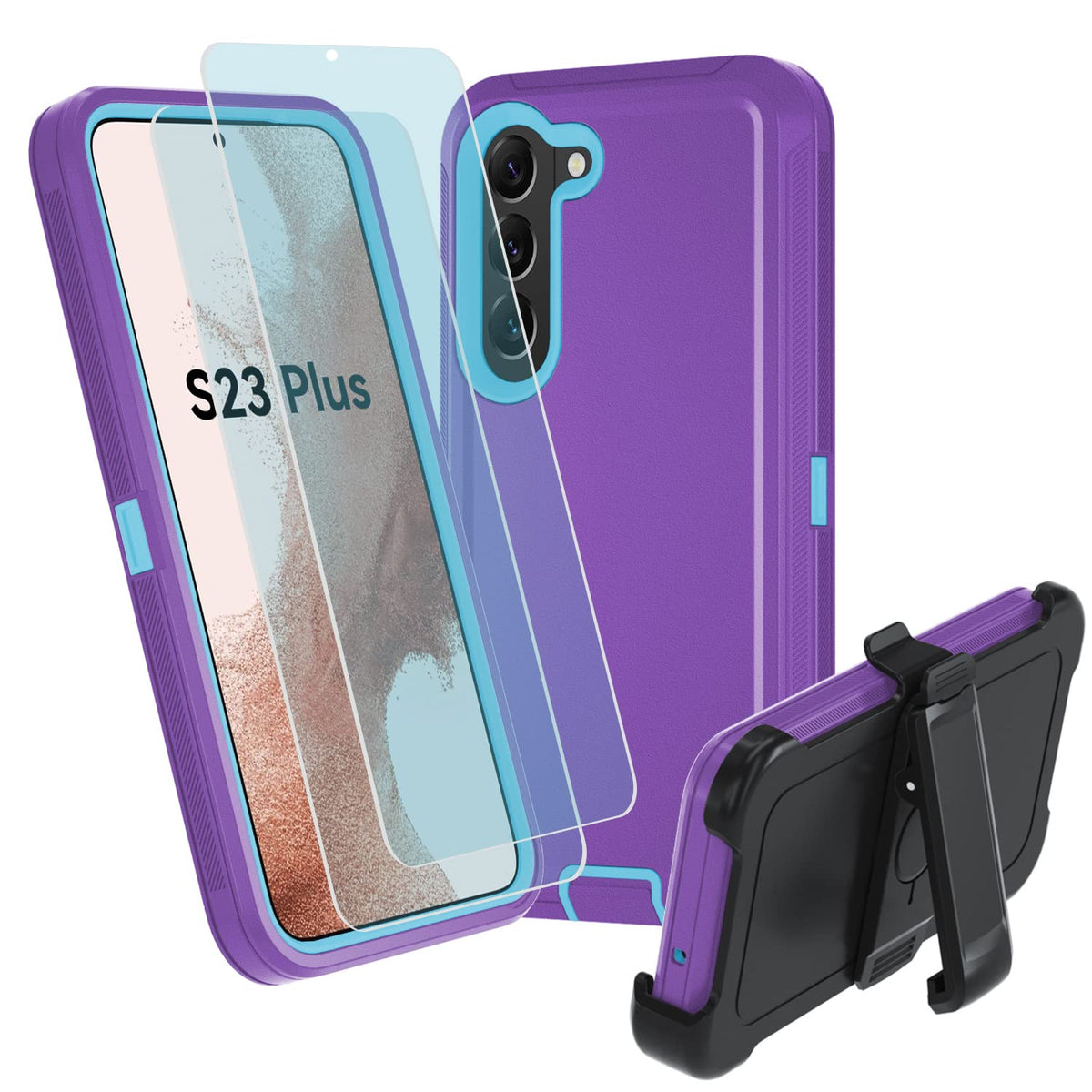 Samsung Galaxy S23 Plus Case,S23 Plus Heavy Duty Case,With Hd Screen Protector (2 Pack),[ With Belt Clip],[Shockproof][Dropproof