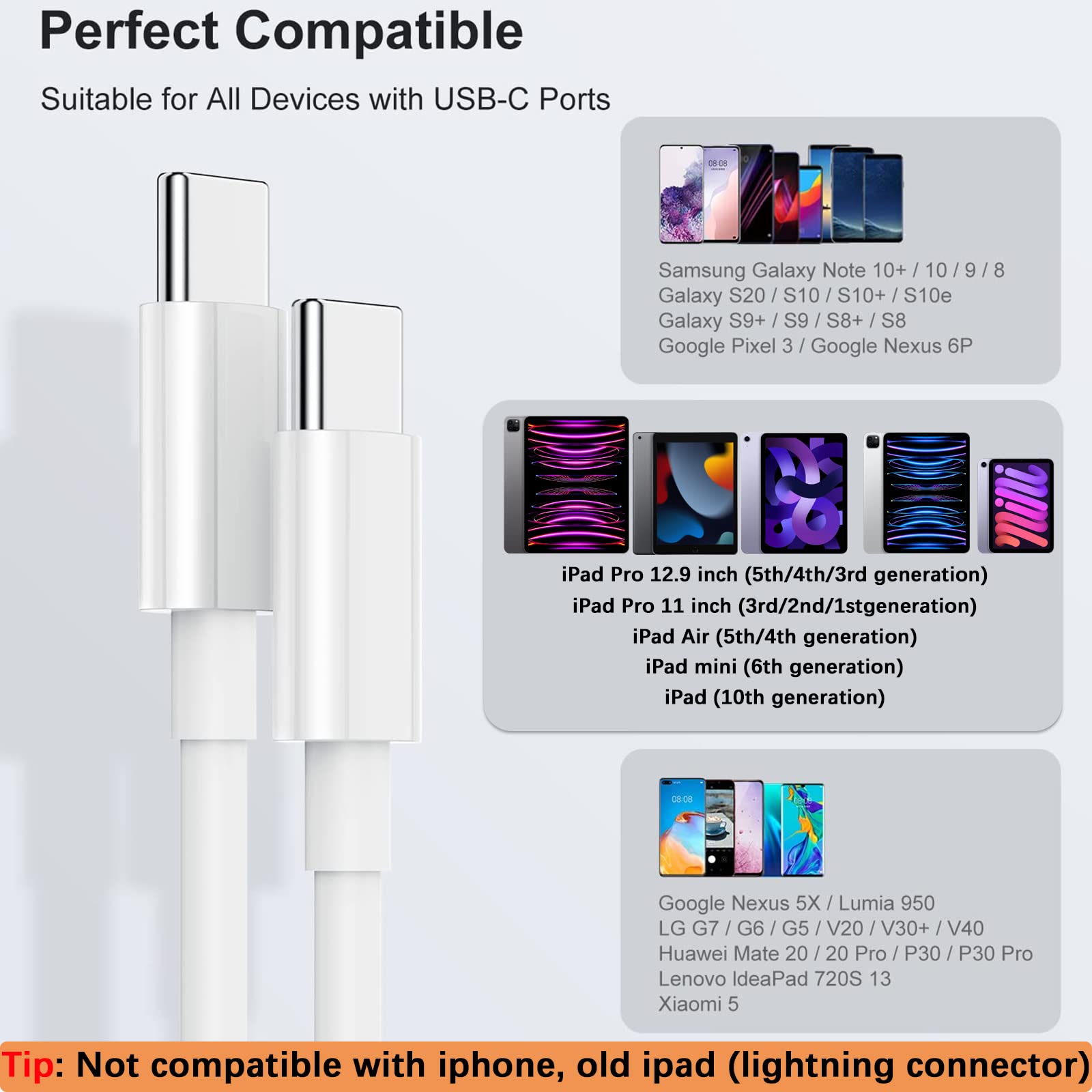 10Ft For Ipad Charger Fast Charging, Ipad Pro Charger, Ipad 10Th Generation/ 13/12.9/11/ 10.9 Inch, Air 5Th/ 4Th, Mini 7 6Th, 20W Tpyc C Block Long Usb C To C Cable For Iphone 16/15,2 Pack White