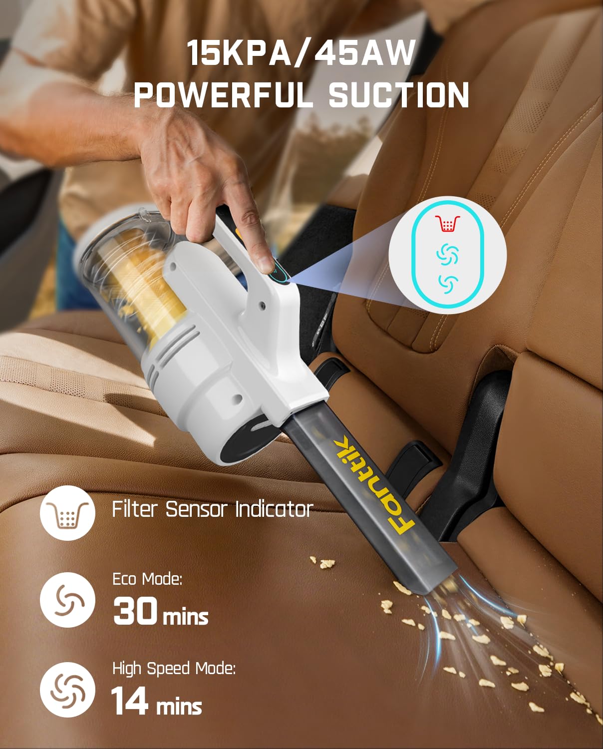 Fanttik Cruise V9 Car Vacuum Cleaner Suction Power With 15000Pa Handheld Vacuum Cordless With Extension Tube & Led Display & Lig