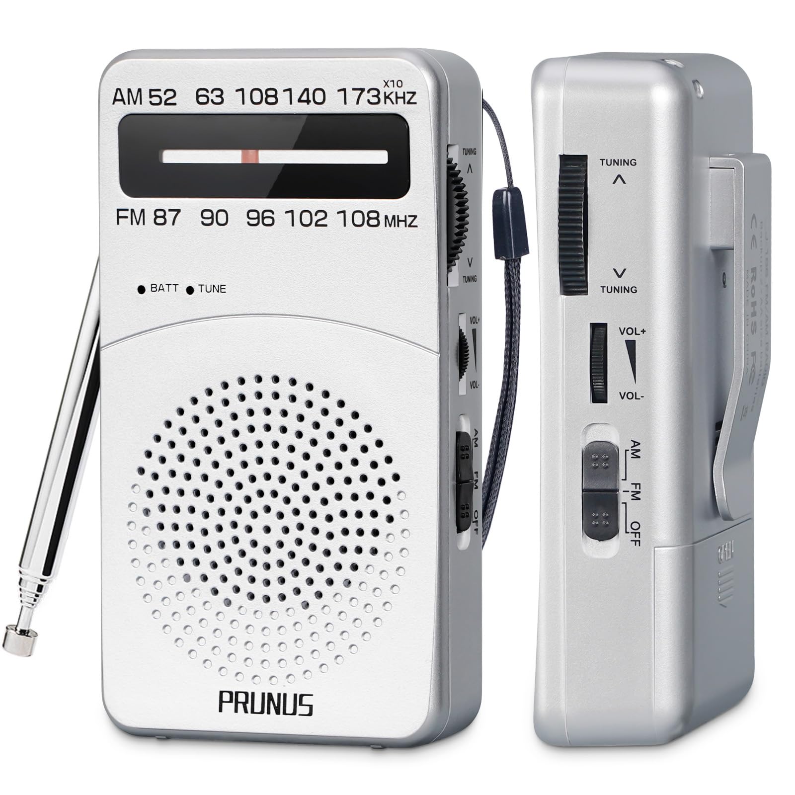 PRUNUS J-166 Portable Radio AM FM, Battery Operated Radio with Tuning Light, Back Clip, Excellent Reception, AM FM Radios Portab