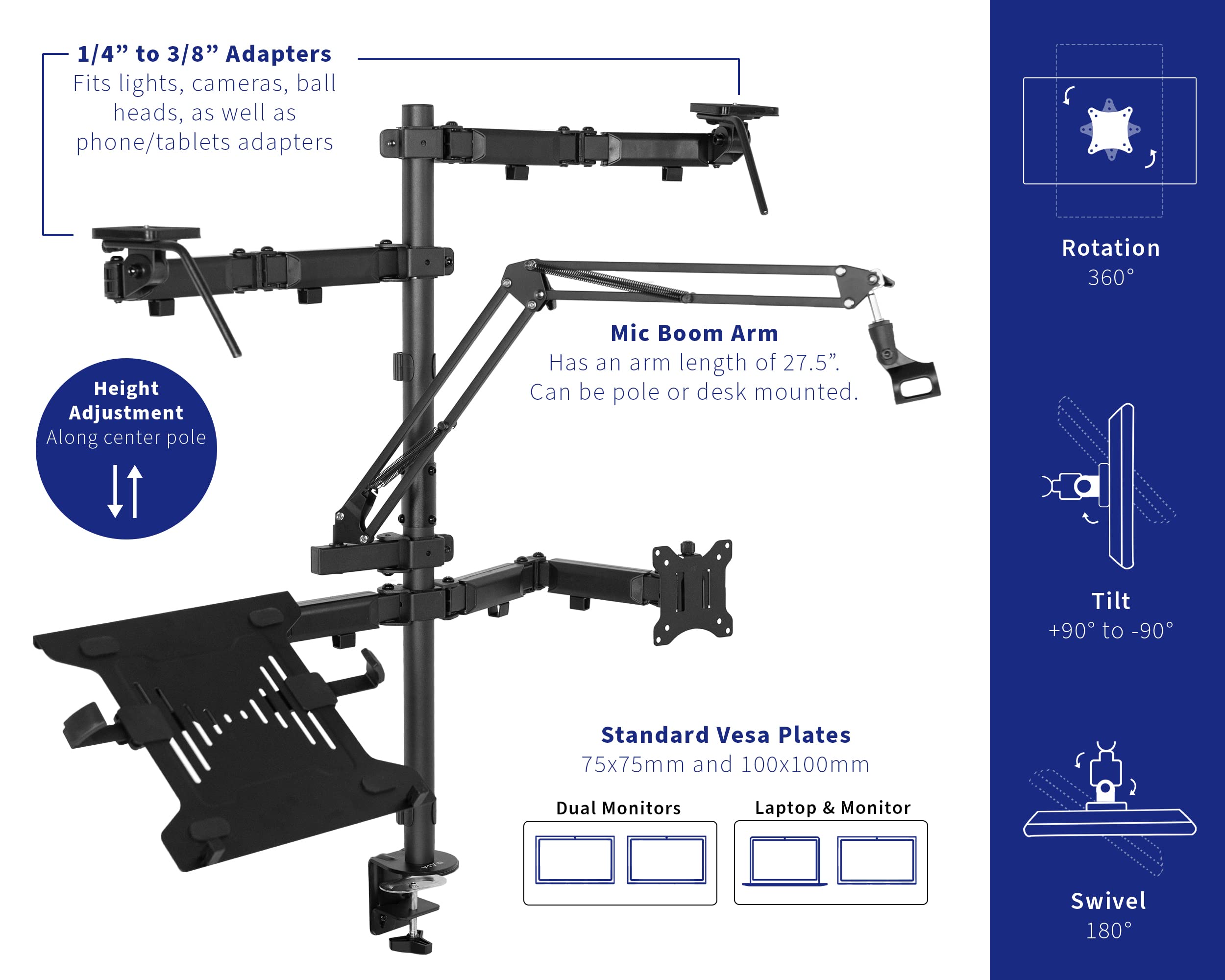 Vivo All In One Computer Studio Desk Mount, Mic Boom, Dual Monitor Mount Up To 32 Inches, Laptop Stand, Livestream Arms Compatib