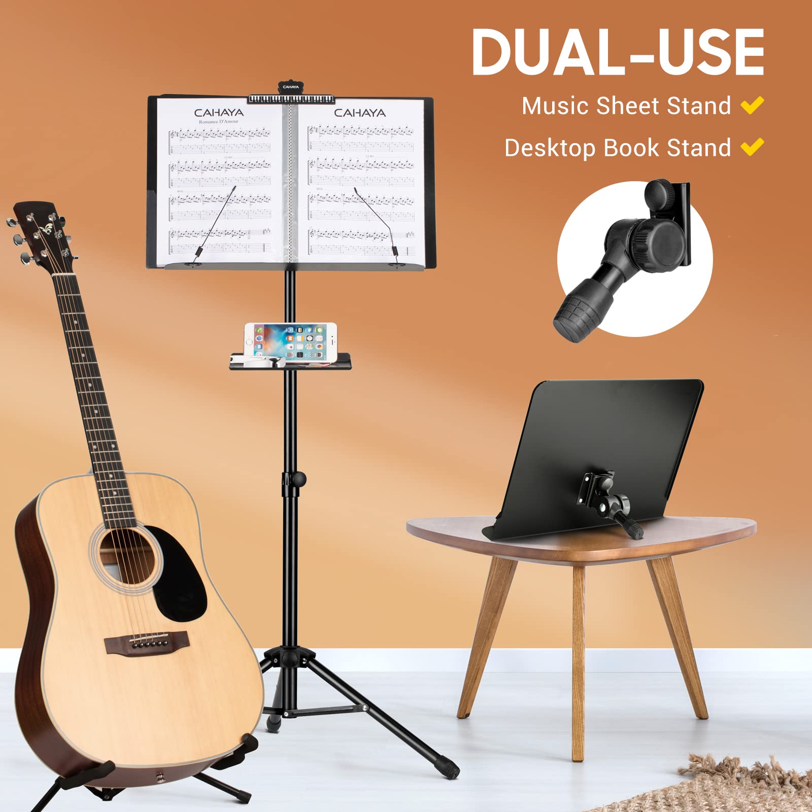 Cahaya Dual Use Sheet Music Stand With Clamp On Tray & Desktop Book Stand With Carrying Bag, Sheet Music Folder, Music Stand Wit