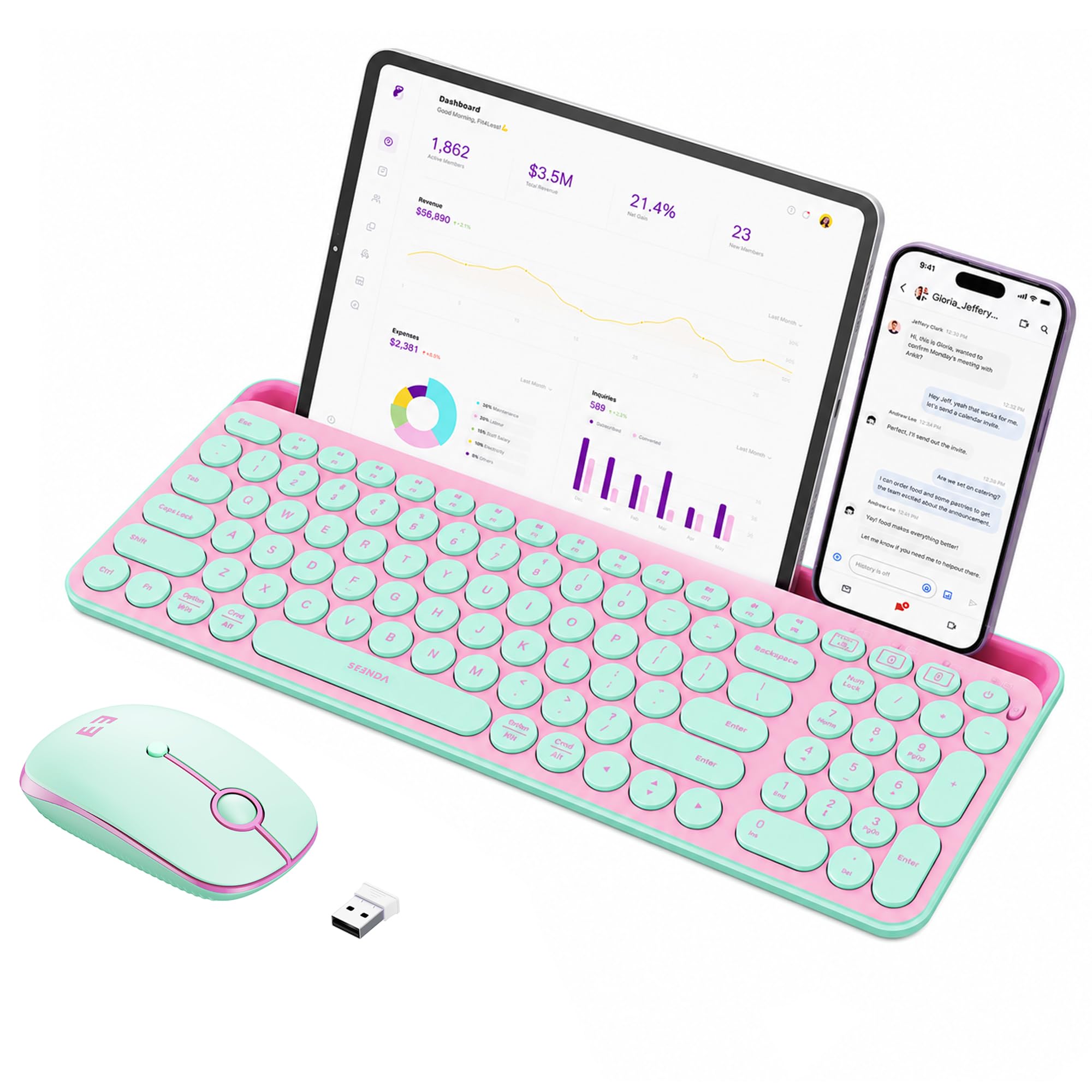 seenda CTU301 Bluetooth Keyboard and Mouse Combo for iPad,Green&Pink