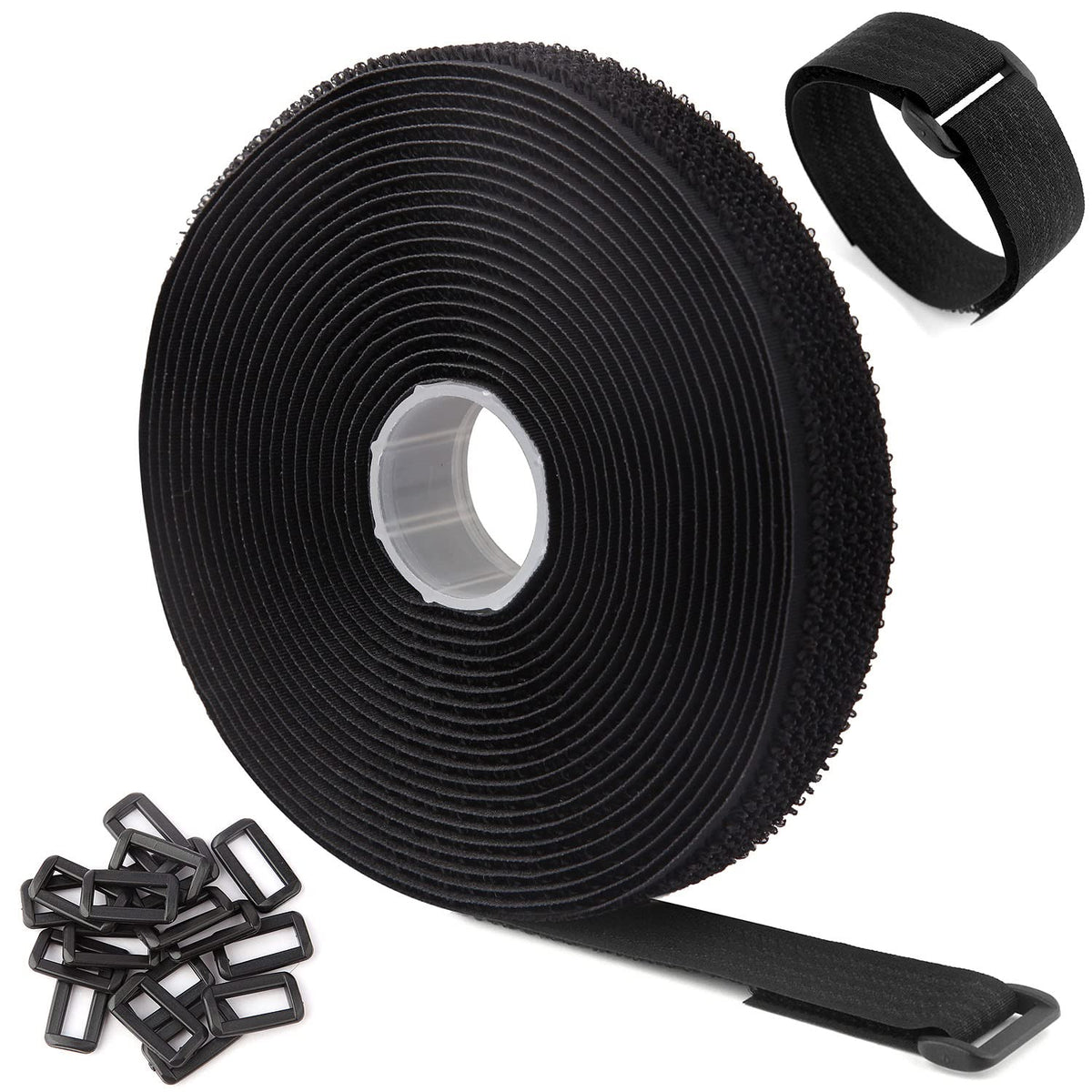 Wszjinb 5M X 2Cm Adjustable Cable Straps With 25 Buckles, Free Cut Length, Black Reusable Fastening Cable Ties, Hook And Loop Se