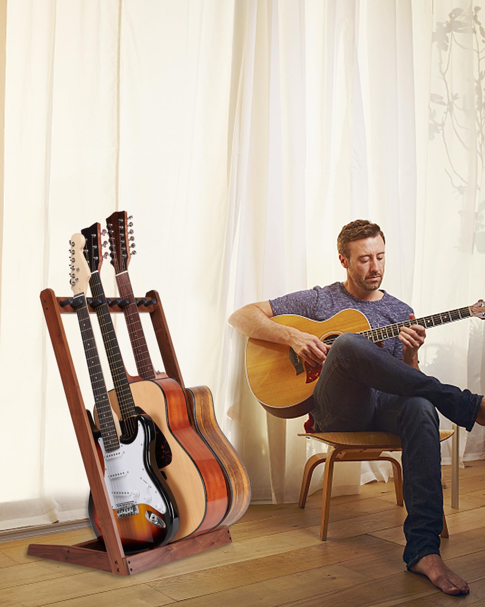 Musbeat Multi Guitar Stand - Hardwood Rack For 3 Acoustic & 5 Electric/Bass Guitars