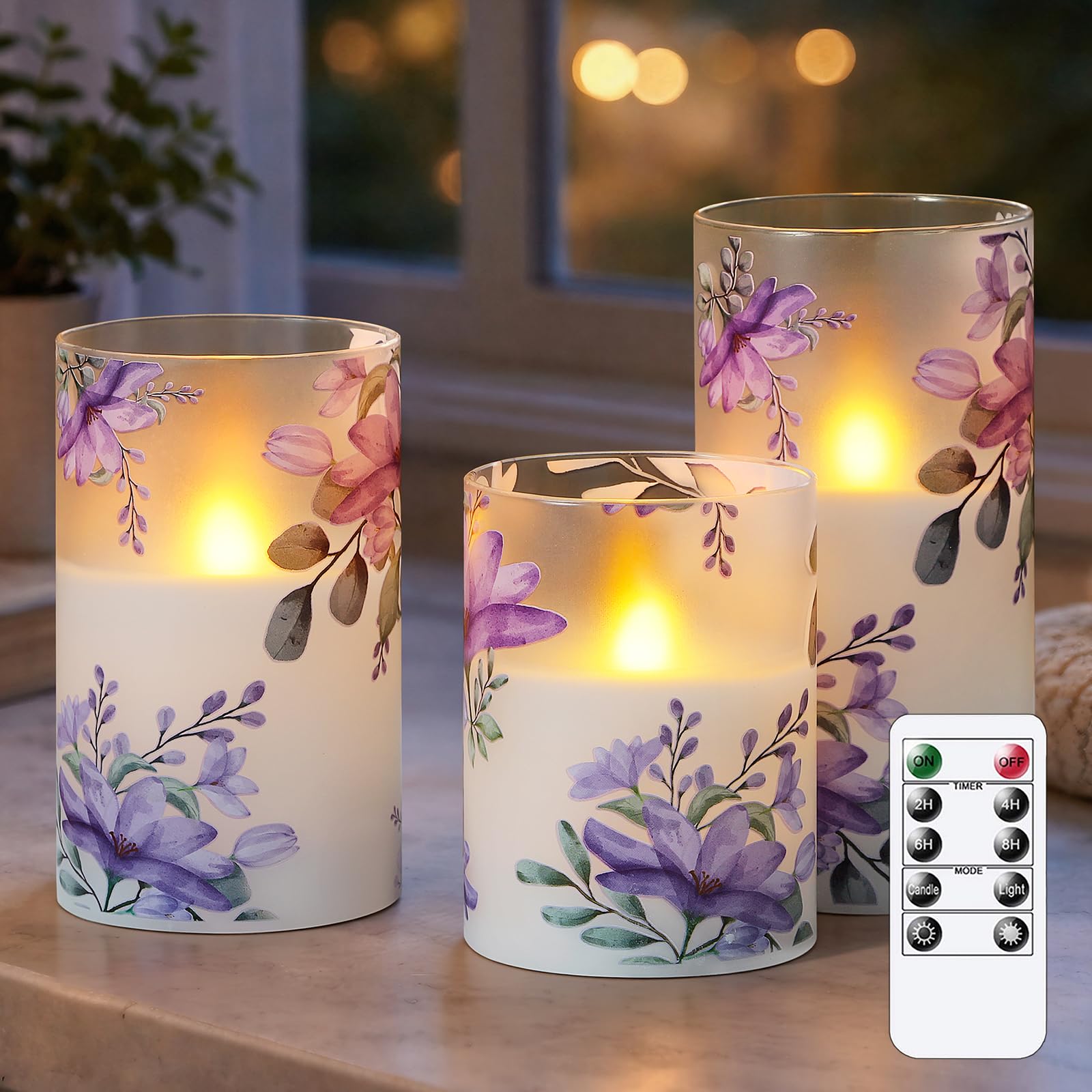Wroxipel Pack of 3 Flameless Daily Timer Flickering Real Wax Pillar Candles, 3 x 4 5 6 LED Battery Operated Purple Flowers Glass