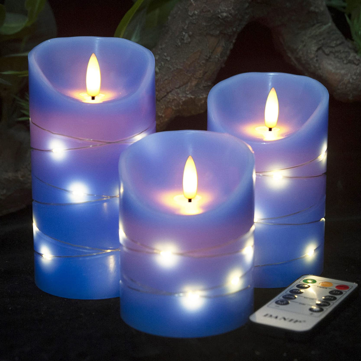 Sapphire Blue Led Flameless Candle With Embedded Star String, Danip 3 Piece Led Candle With 10 Button Remote Control, 24 Hours T