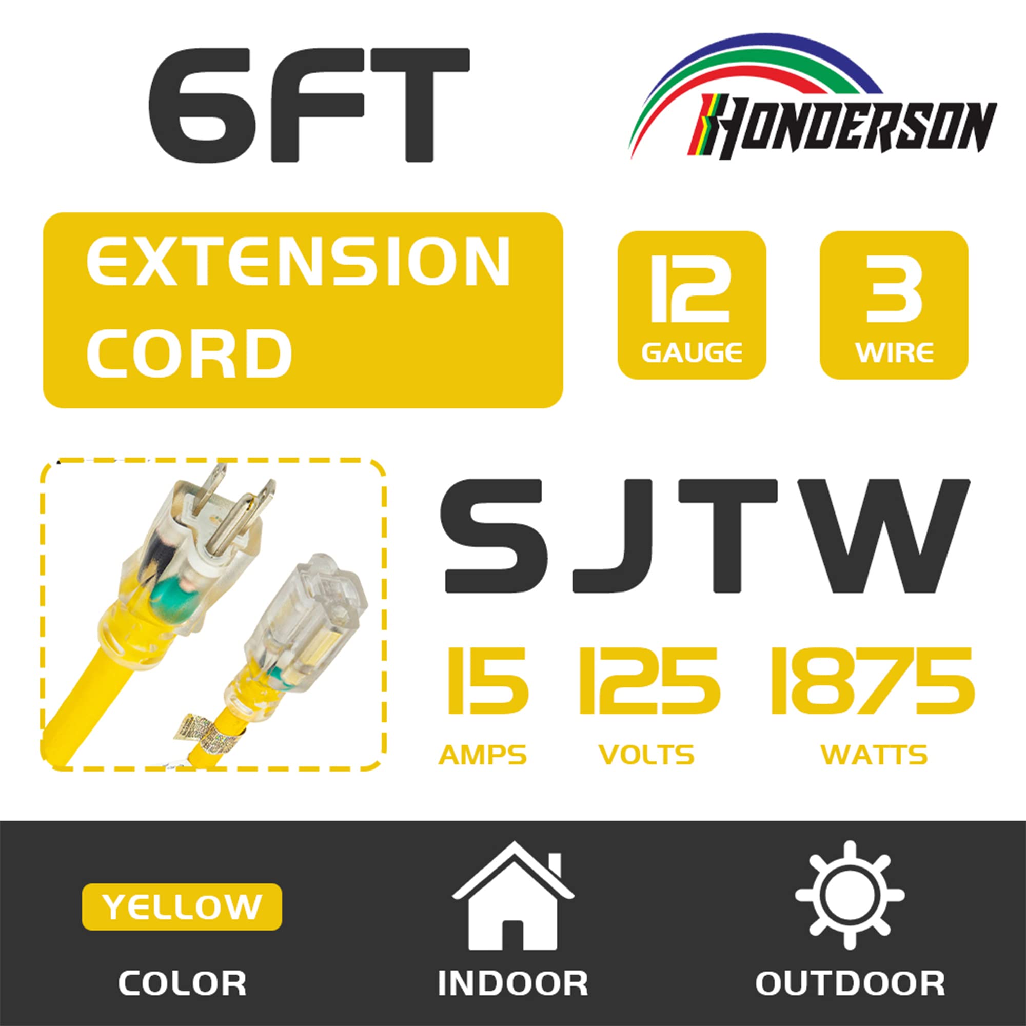 Honderson Indoor Outdoor Extension Cord Weatherproof With Lighted End, Ul Listed, 12 Gauge 6Ft Yellow 3 Prong Heavy Duty Extensi