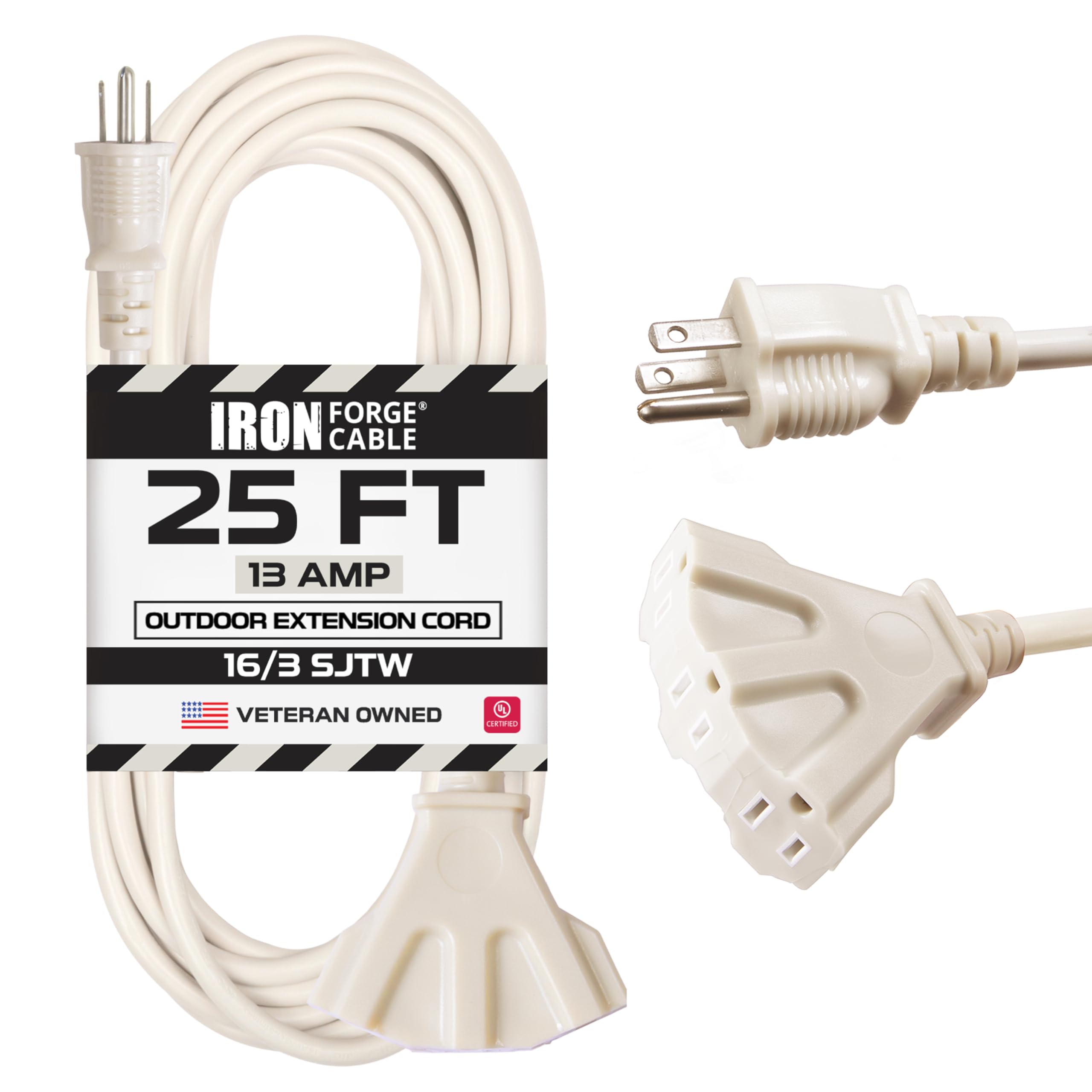 Iron Forge Cable 25 Ft Beige Outdoor Extension Cord With 3 Outlets   16/3 Sjtw 25Ft Extension Cord 3 Prong, 13 Amp All Weather H