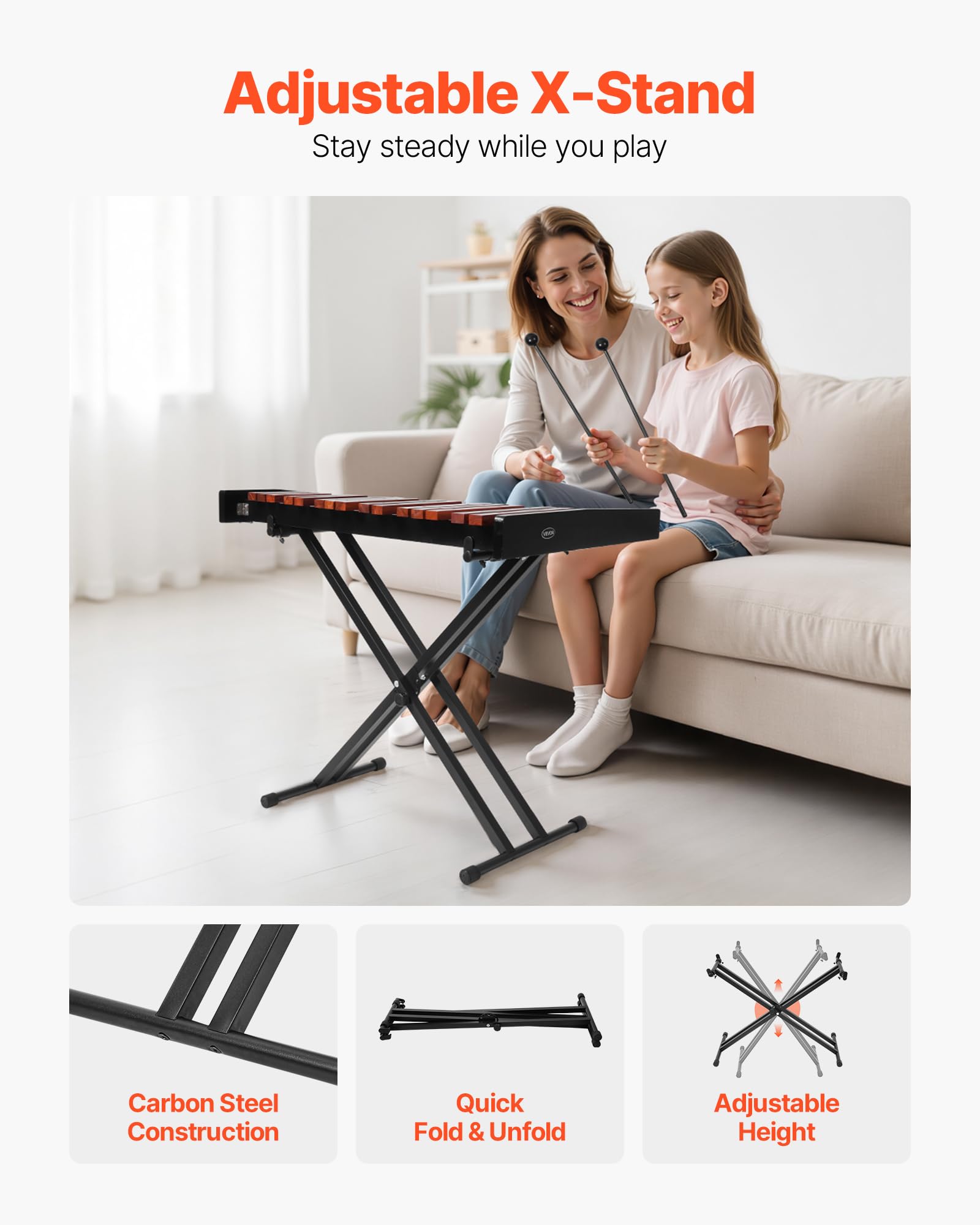 Vevor Glockenspiel Xylophone, 37 Notes, Wooden Professional Xylophone Percussion Instrument, With Height Adjustable Stand, 4 Mal