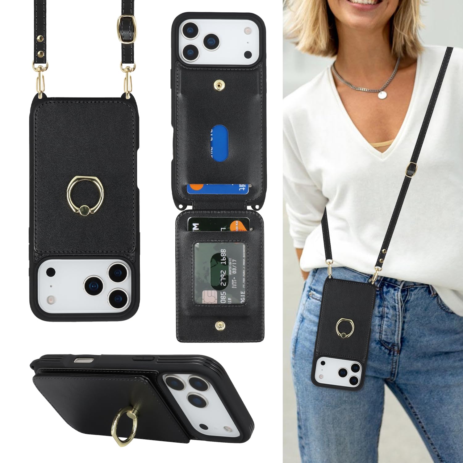 Lipvina for iPhone 17 Pro Case with Card Holder and Strap for Women,Crossbody Lanyard,Ring Stand,Snap Clasp,Cute Phone Wallet Ca