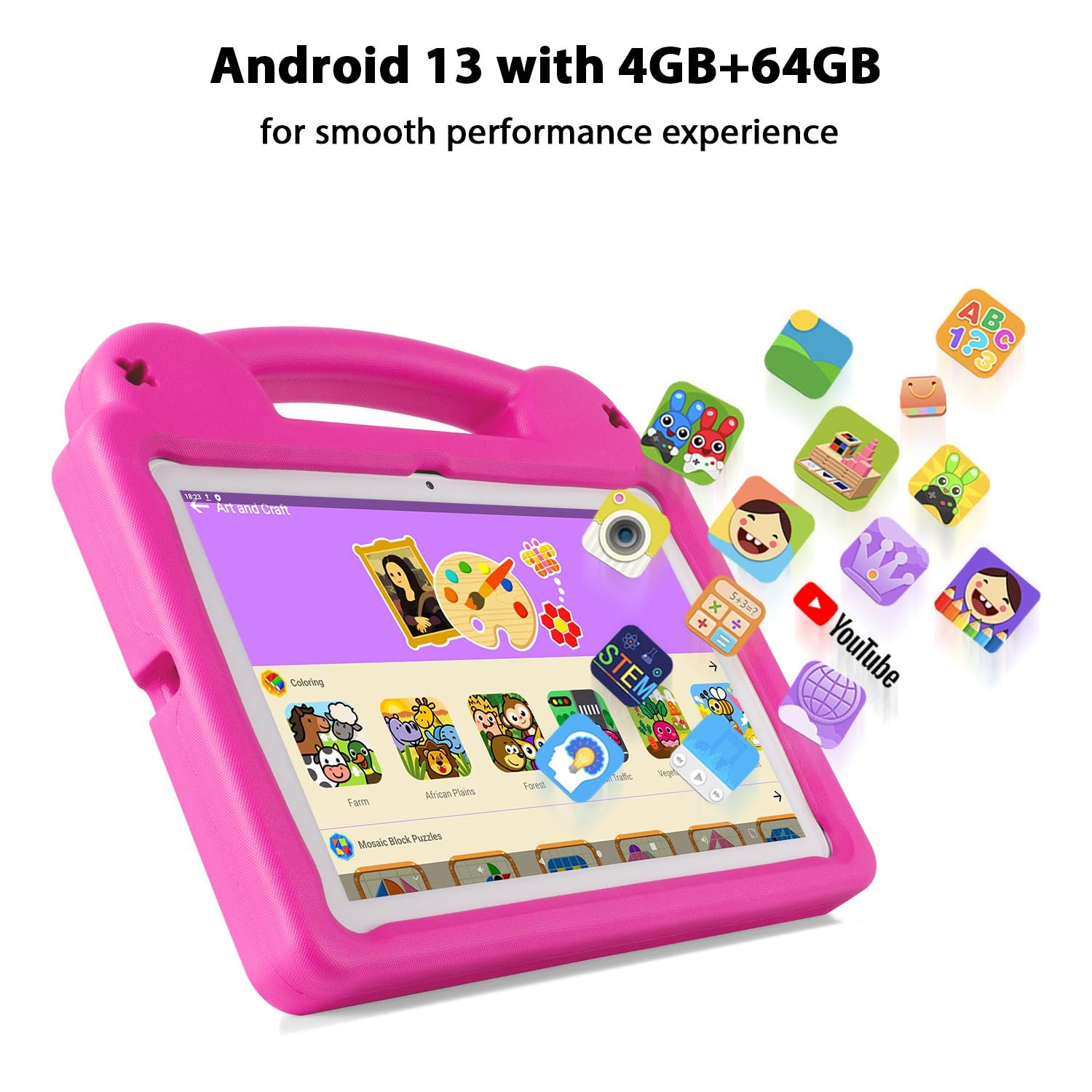 Kids Tablet   10 Inch Android 13 Kids Tablet, 4Gb Ram 64Gb Rom, Ips Hd 1280X800 Toddler Tablet,Wifi 6, 2.0Mp + 5.0 Mp, Gms, Pare