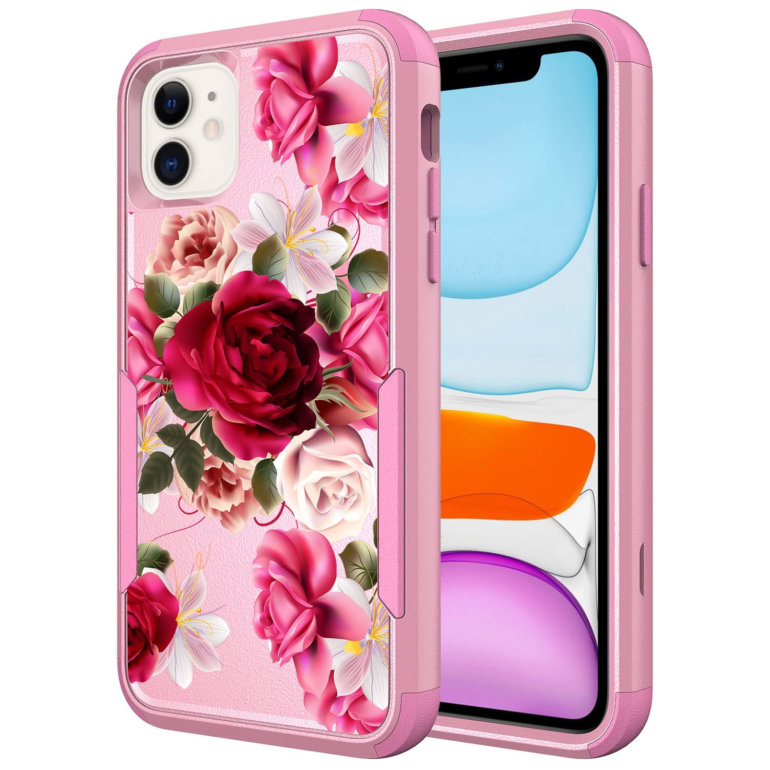 Compatible For Apple Iphone 11 Cases, Pink Cute Women & Girls Heavy Duty [ Red Rose Floral ] Cover With [ Shockproof ] Protectiv