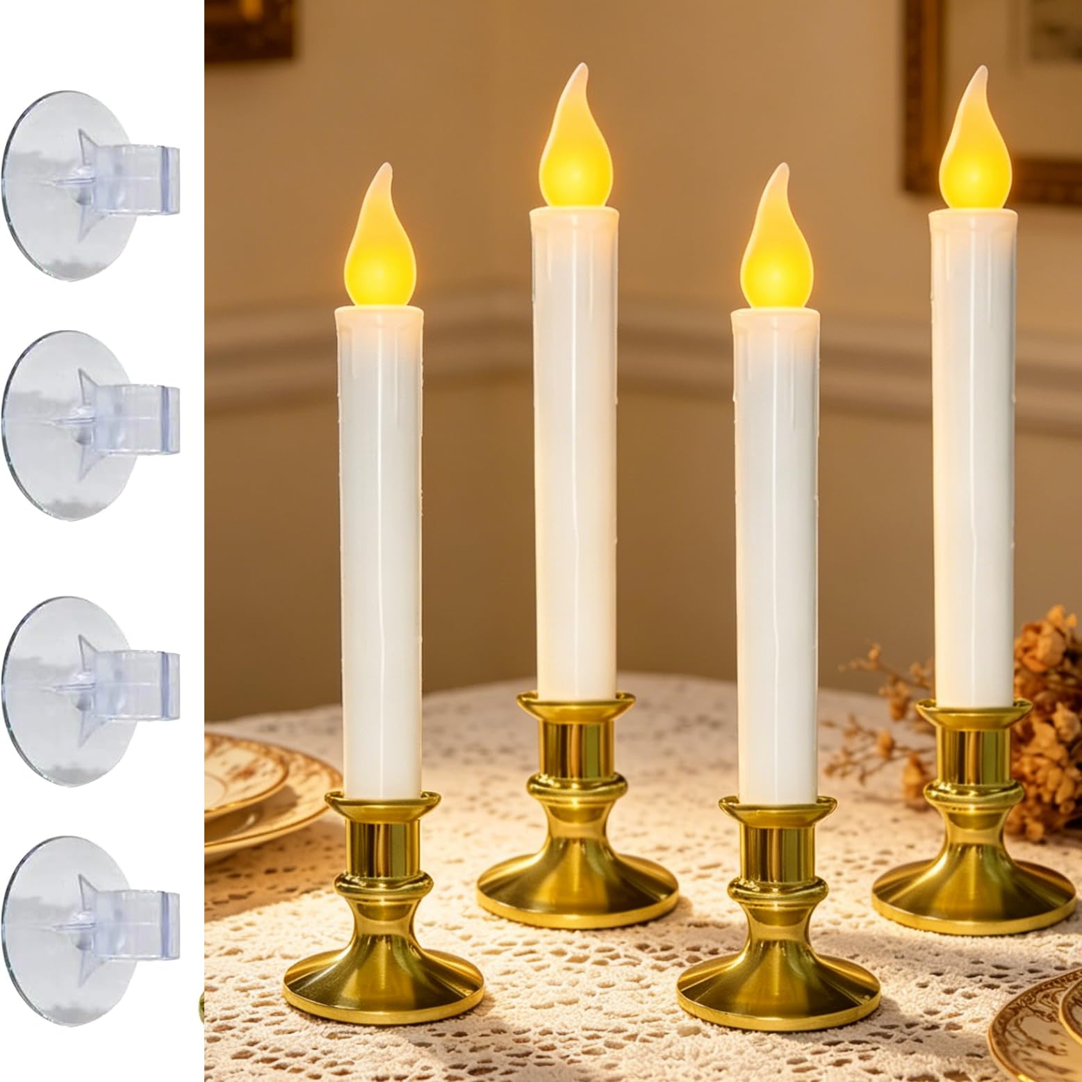 4 Pack 7.75 Battery Operated LED Window Candles with 6H On/18H Off Timer, Warm Yellow Flameless Teardrop Candles with Gold Plate
