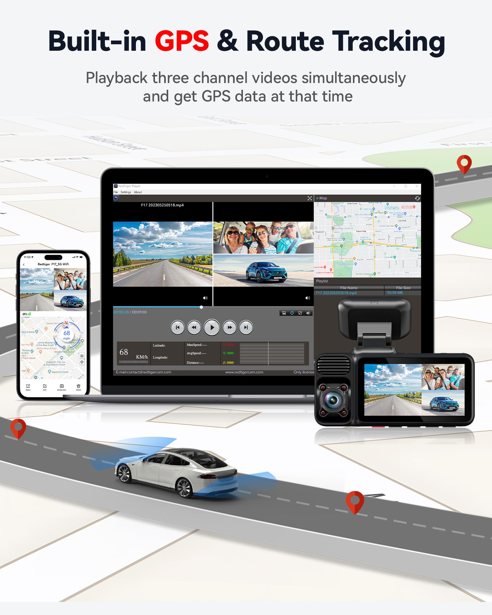 Redtiger 4K 3 Channel Dash Cam 5G Wifi Built In Gps With 64Gb Card, 2160P+1080P+1080P Front And Rear Inside Loop Recording, Trip