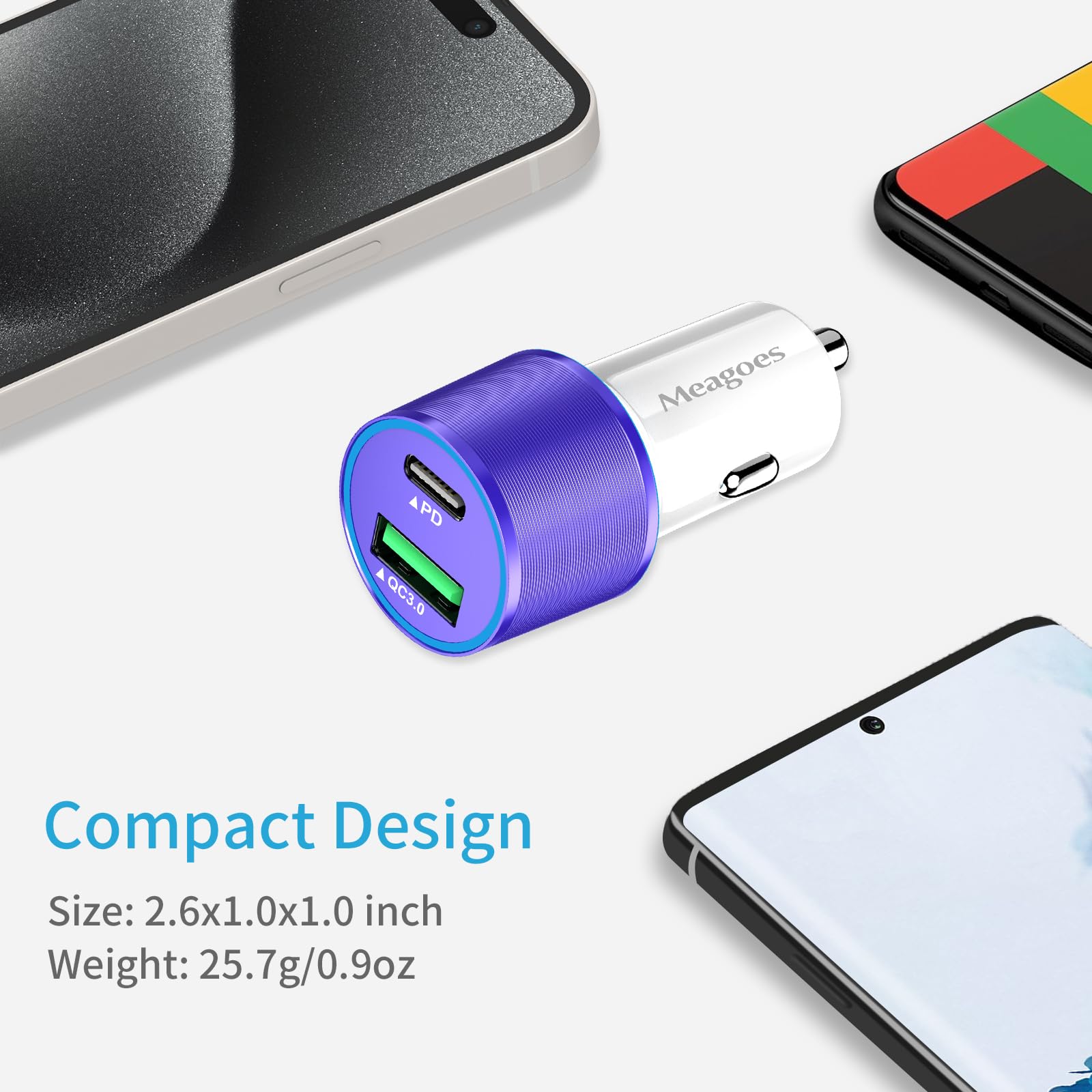 Meagoes Purple Usb C Car Charger, 48W 2 Port Fast Charging Adapter With Pd&Qc3.0 Compatible For Iphone 16/15 Pro Max/Samsung Gal