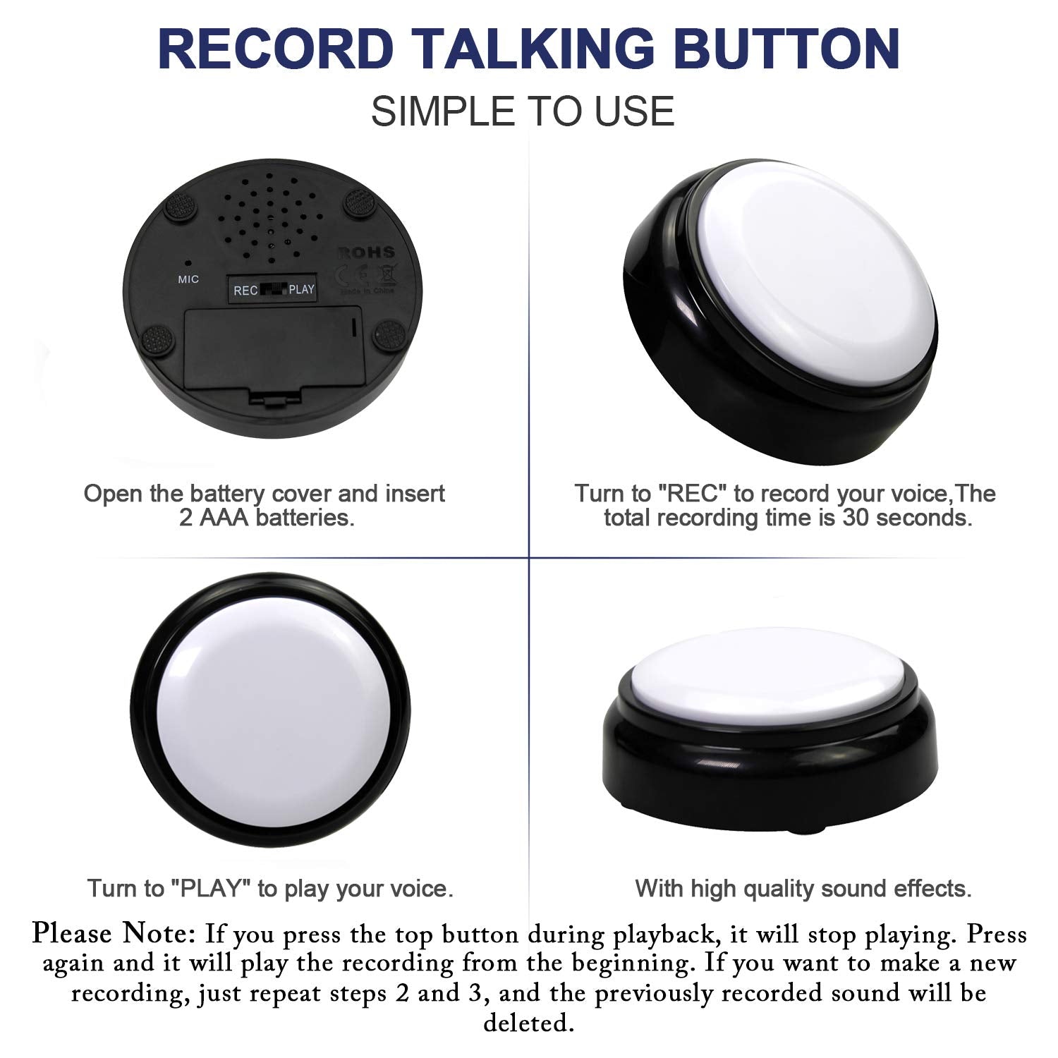 Cover 30 Seconds Recordable Talking Button Record Button Toy Gift Answer Buzzers (White+Black)