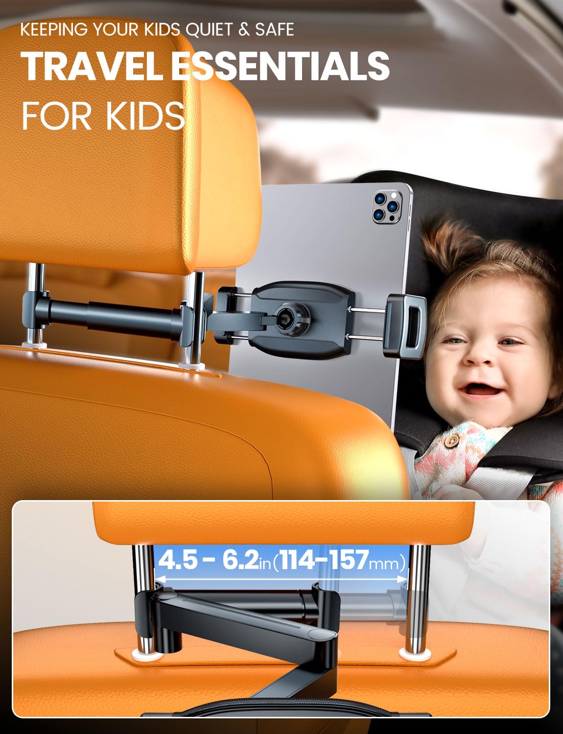 Esamcore For Ipad Car Holder Back Seat, 1.57' Extra Deep Clamp Headrest Tablet Holder For Ipad Car Mount Backseat Road Trip Essentials Kids For 4.7' 11' Tablet For Ipad Pro Air Mini Galaxy Tab