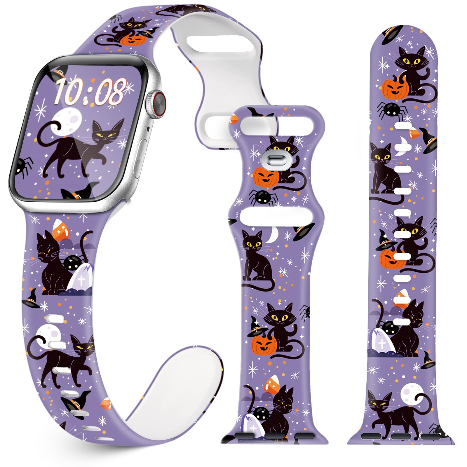 Halloween Watch Band For Apple Watch, Silicone Holiday Cat Pumpkin Printed Strap Replacement For Iwatch 1 2 3 4 5 6 7 8 9 Ultra 
