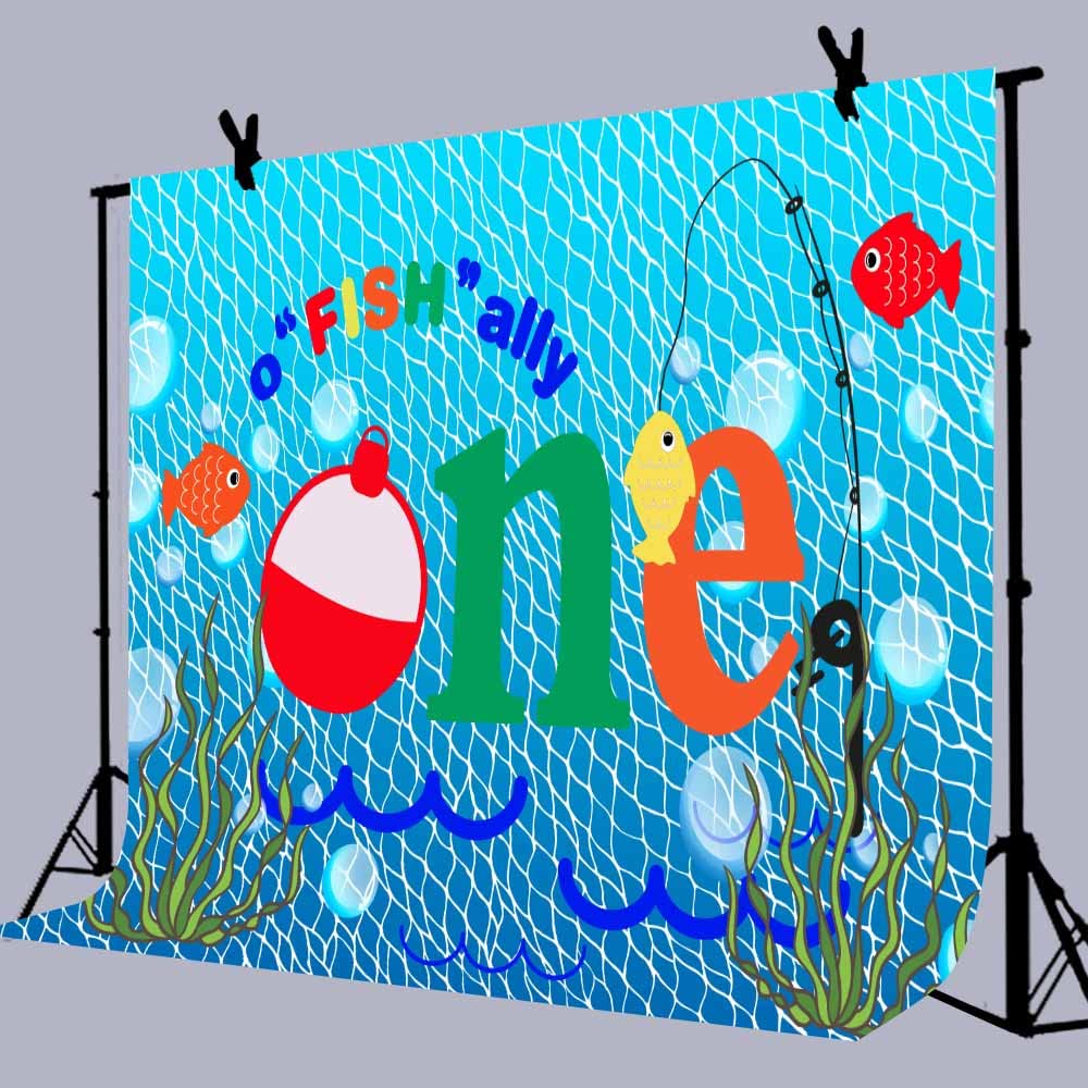 Gone Fishing 1St Birthday Party Photography Backdrop, 7X5Ft, O Fish Ally Blue Fishing Nets Bubbles Background, Photo Booth Studi