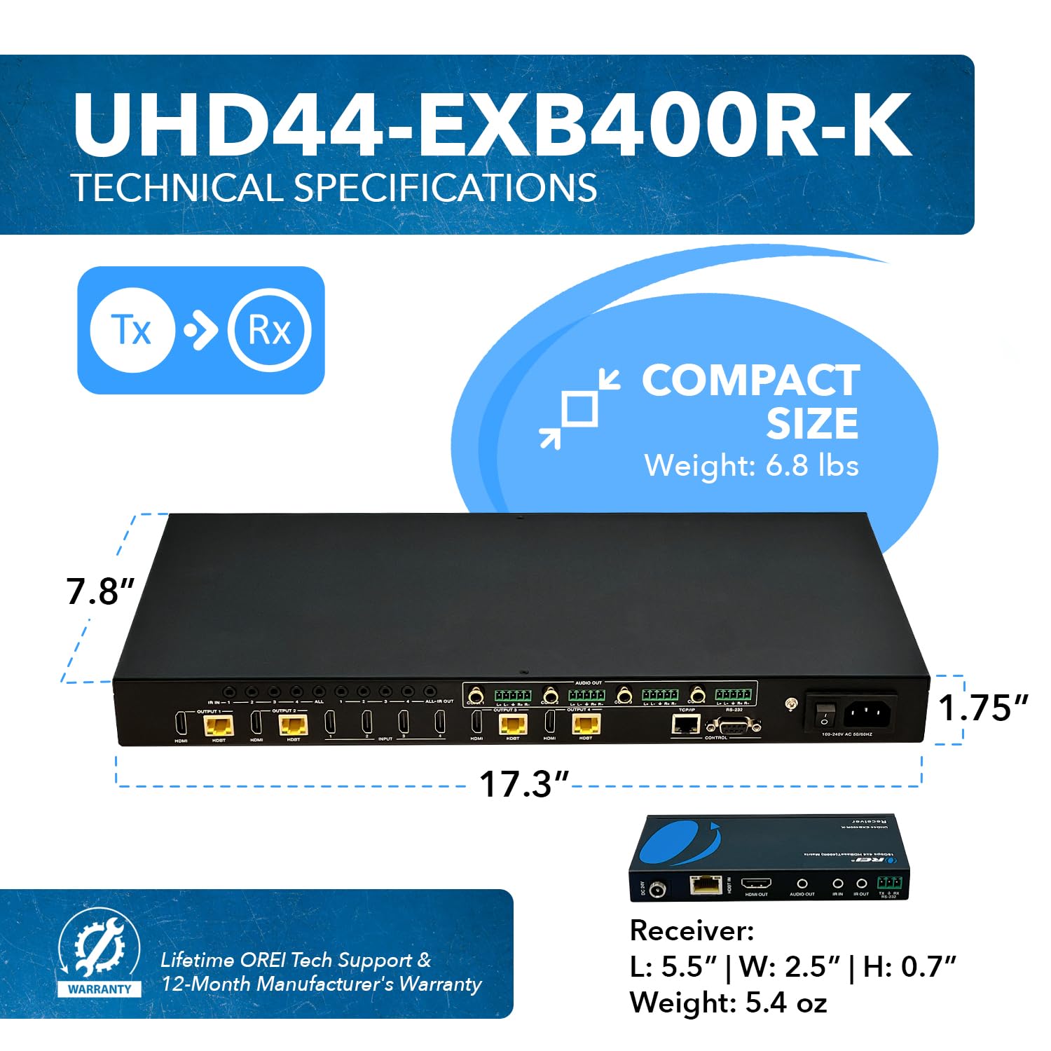 Orei 4X4 4K Hdmi Matrix Switcher Extender - Hdbaset Ultrahd 4K @ 60Hz 4:4:4 Over Single Cat5E/6/7 Cable With Hdr, Cec & Ir Contr