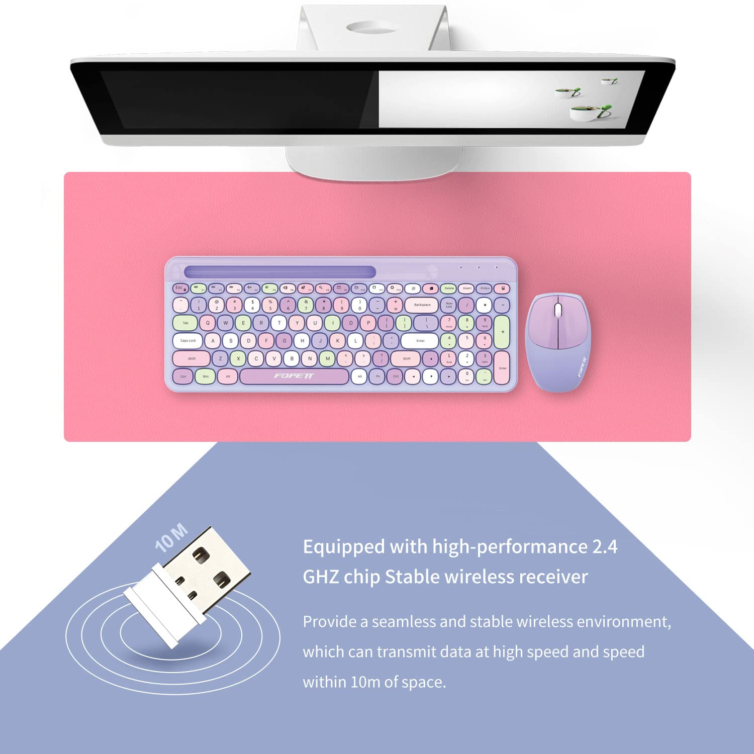 Fopett Wireless Keyboard And Mouse Combo, 100 Keys Full Sized 2.4 Ghz Round Keycap Colorful Keyboards, Usb Receiver Plug And Pla